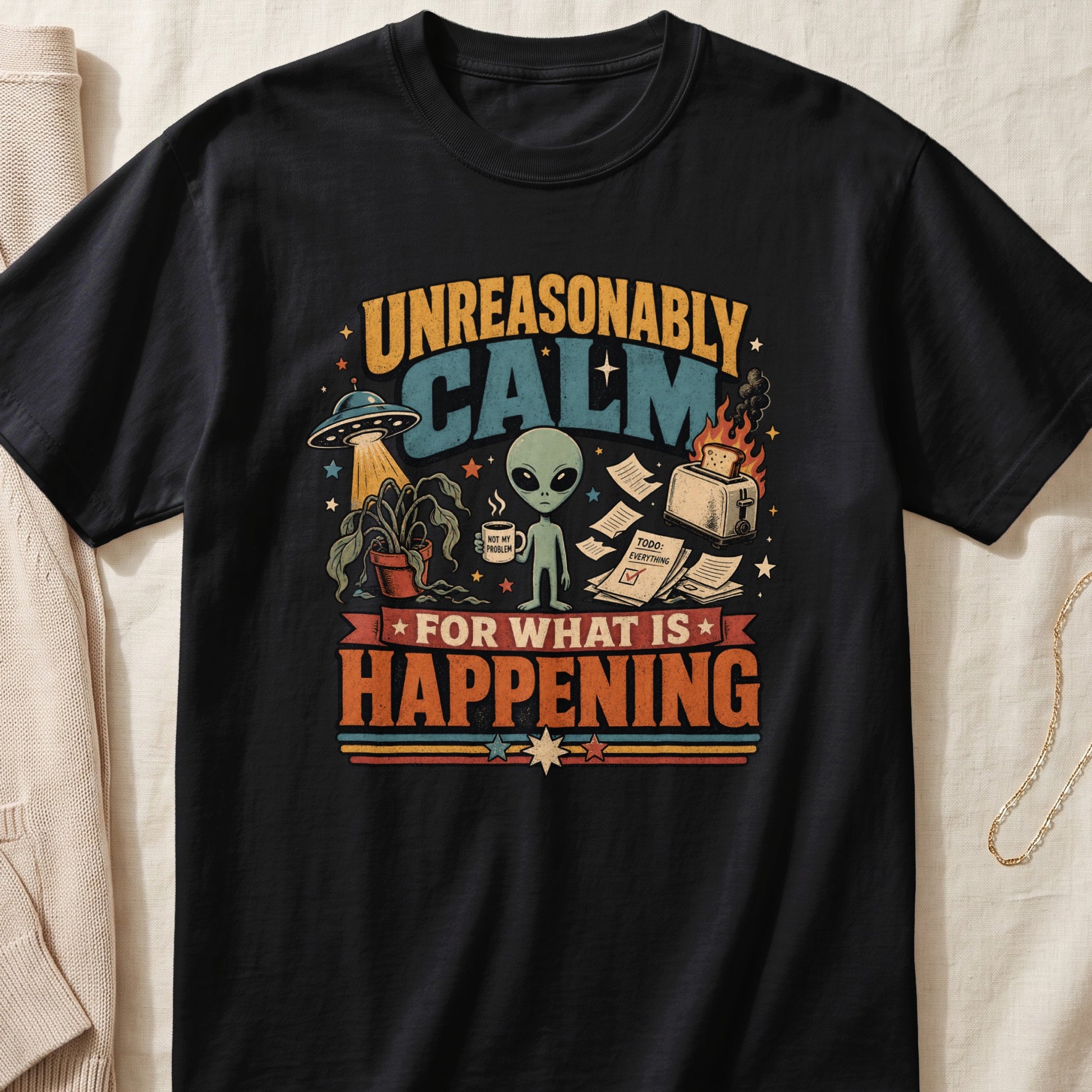 Black t-shirt featuring a retro graphic of a calm alien, a UFO, and a burning toaster with text.
