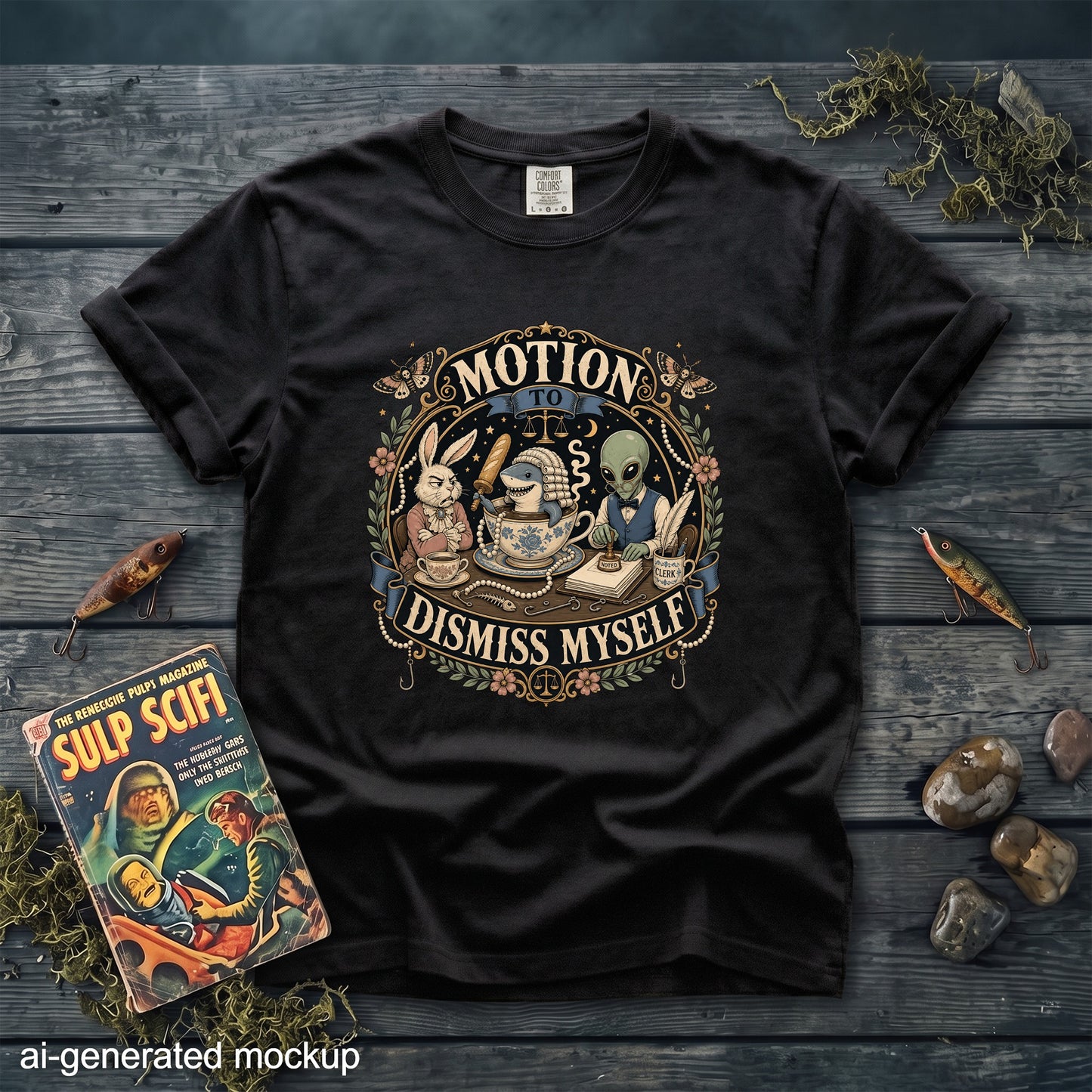 A black crewneck t-shirt featuring a vintage-style graphic with a rabbit, shark in a teacup, and an alien, with the text Motion to Dismiss Myself.