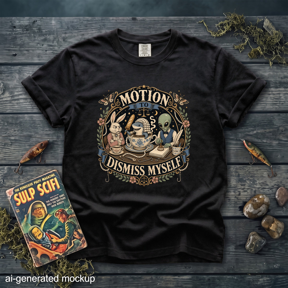 A black crewneck t-shirt featuring a vintage-style graphic with a rabbit, shark in a teacup, and an alien, with the text Motion to Dismiss Myself.