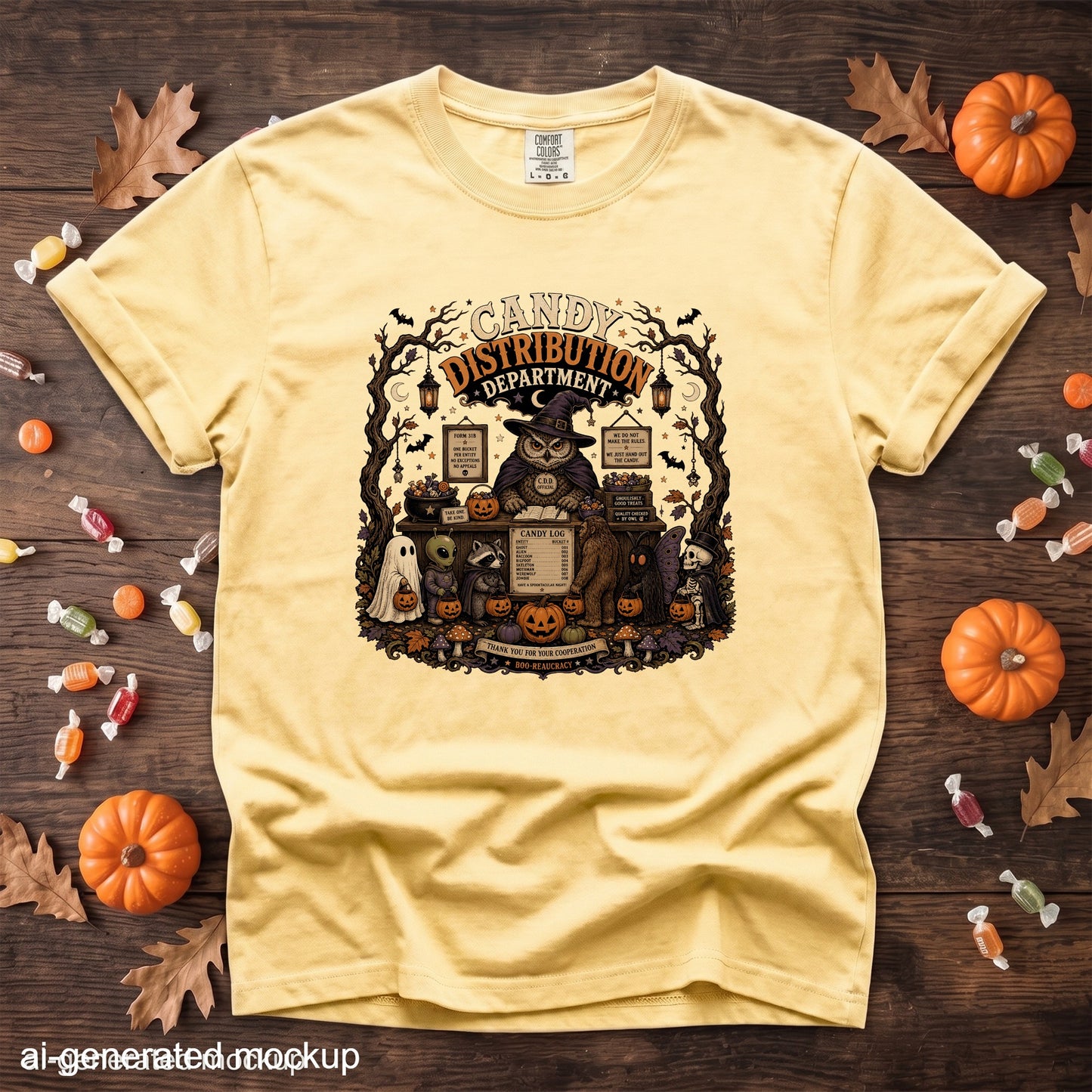 Yellow t-shirt with Halloween graphic featuring an owl, candy, and costumed creatures.