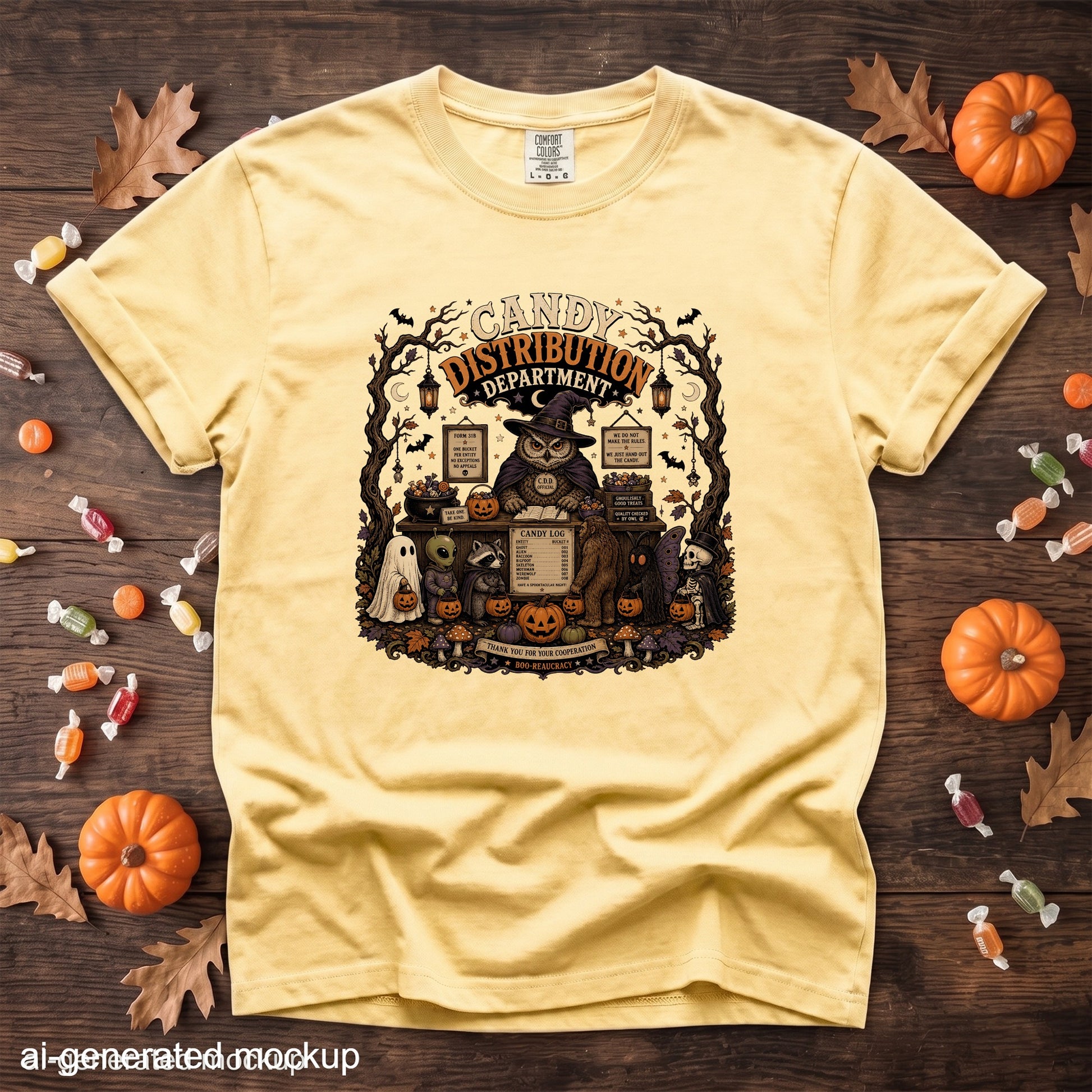 Yellow t-shirt with Halloween graphic featuring an owl, candy, and costumed creatures.