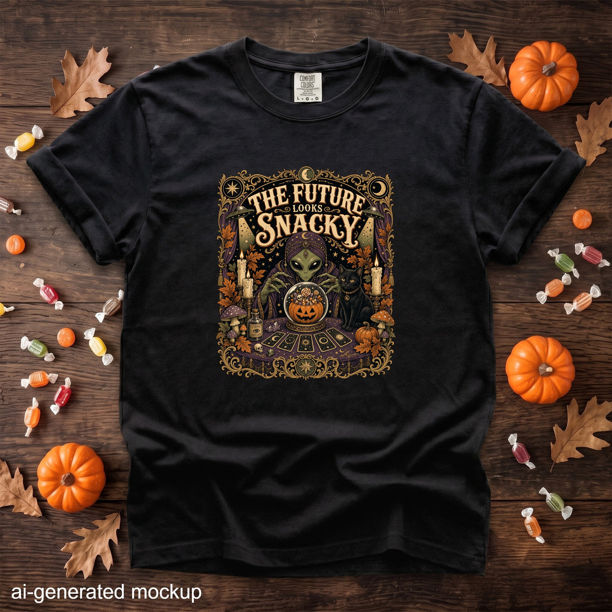 Black t-shirt with "The Future Looks Snacky" alien and cat tarot design.