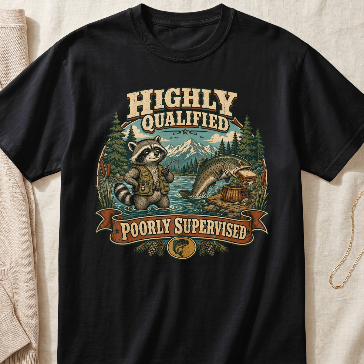 Raccoon fishing, with text "Highly Qualified Poorly Supervised", and a fish holding a sandwich.