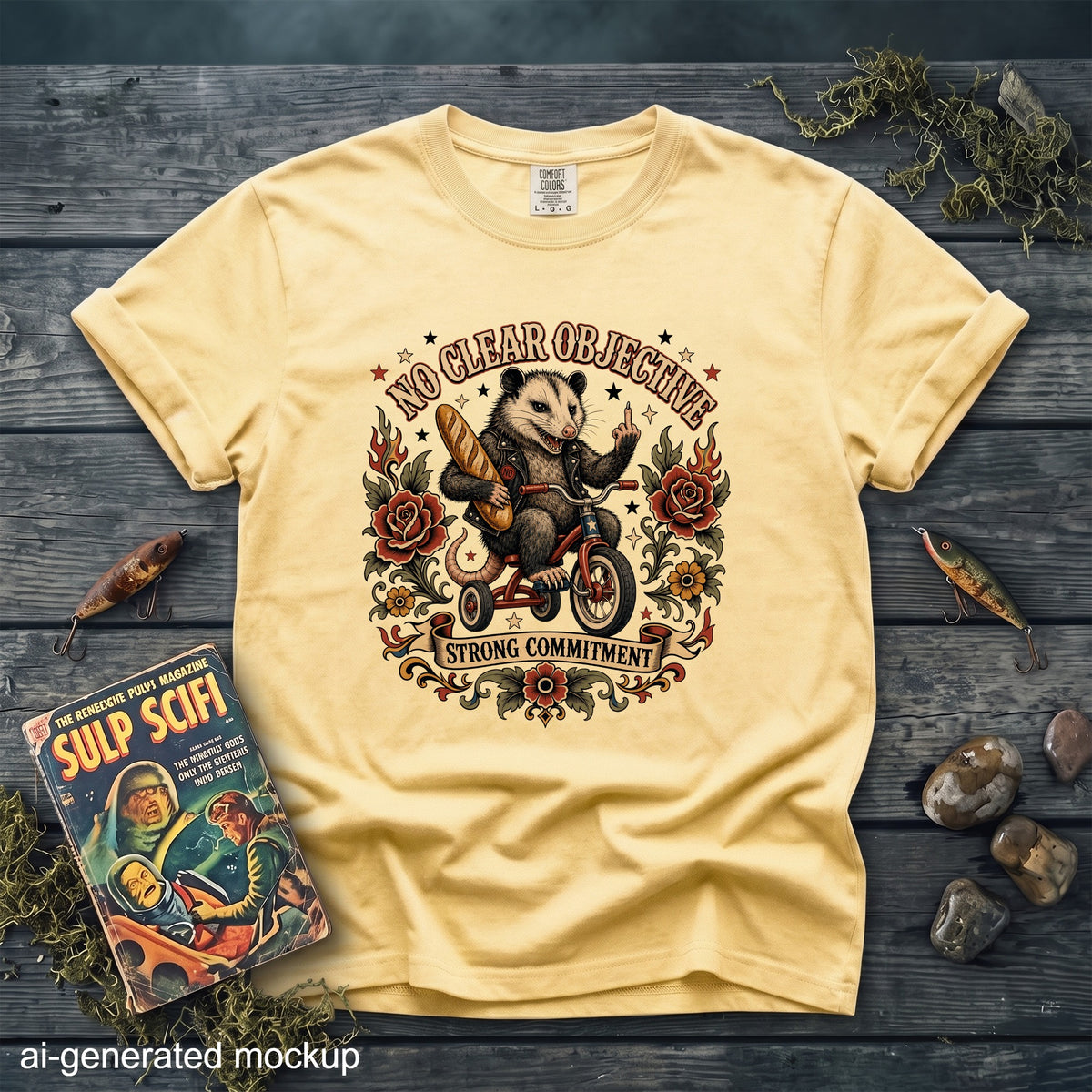 Yellow t-shirt with opossum riding a tricycle, "No Clear Objective" and "Strong Commitment" text.