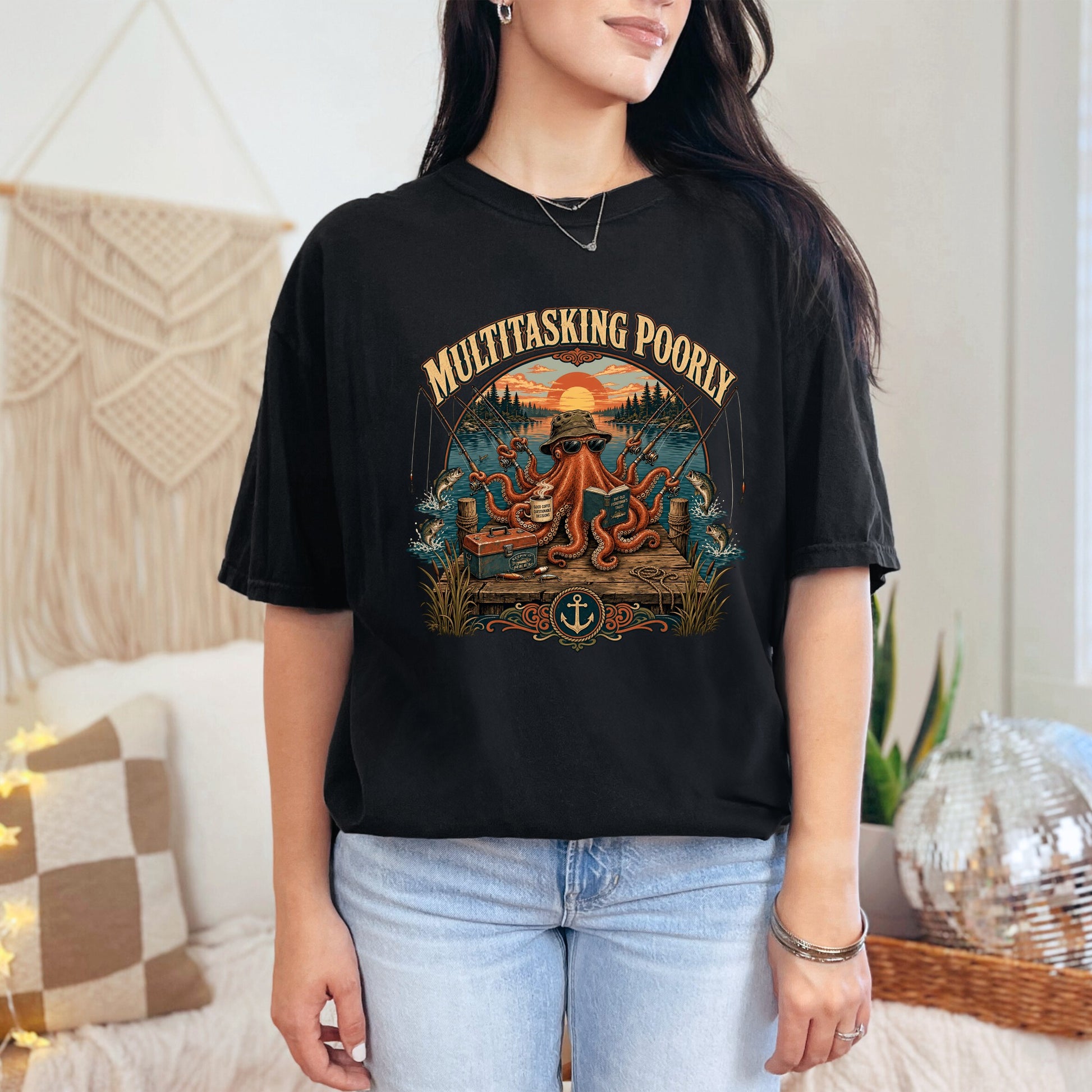 T-shirt graphic featuring an octopus fishing with "MULTITASKING POORLY" text.
