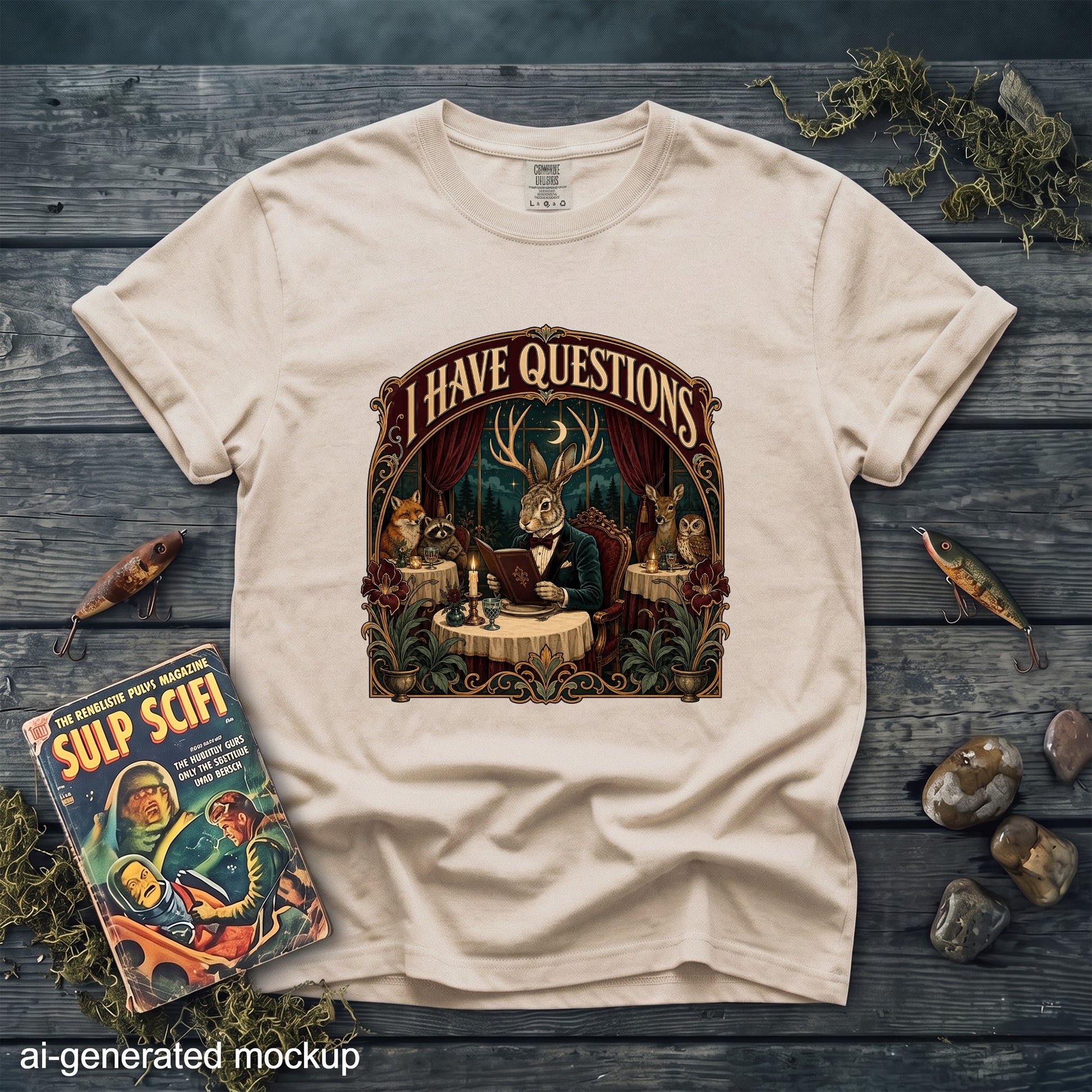 T-shirt with a graphic of anthropomorphic animals seated around a table, reading and asking "I HAVE QUESTIONS."