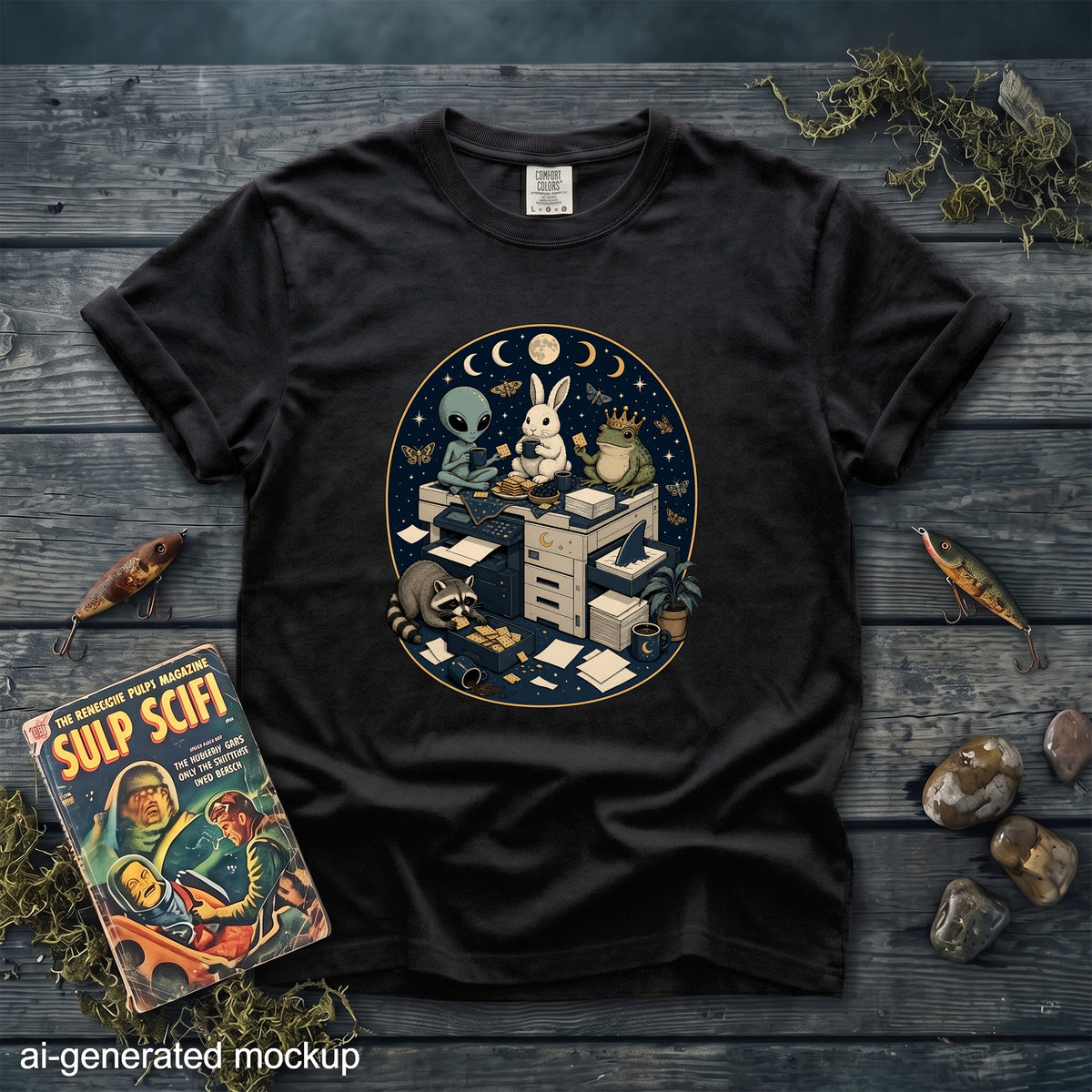 Black t-shirt featuring an oval illustration of an alien, rabbit, frog, and raccoon hanging out around a copy machine.