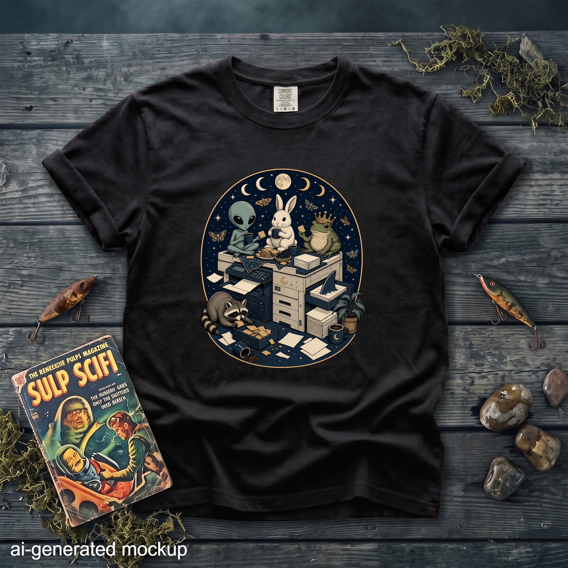Black t-shirt featuring an oval illustration of an alien, rabbit, frog, and raccoon hanging out around a copy machine.