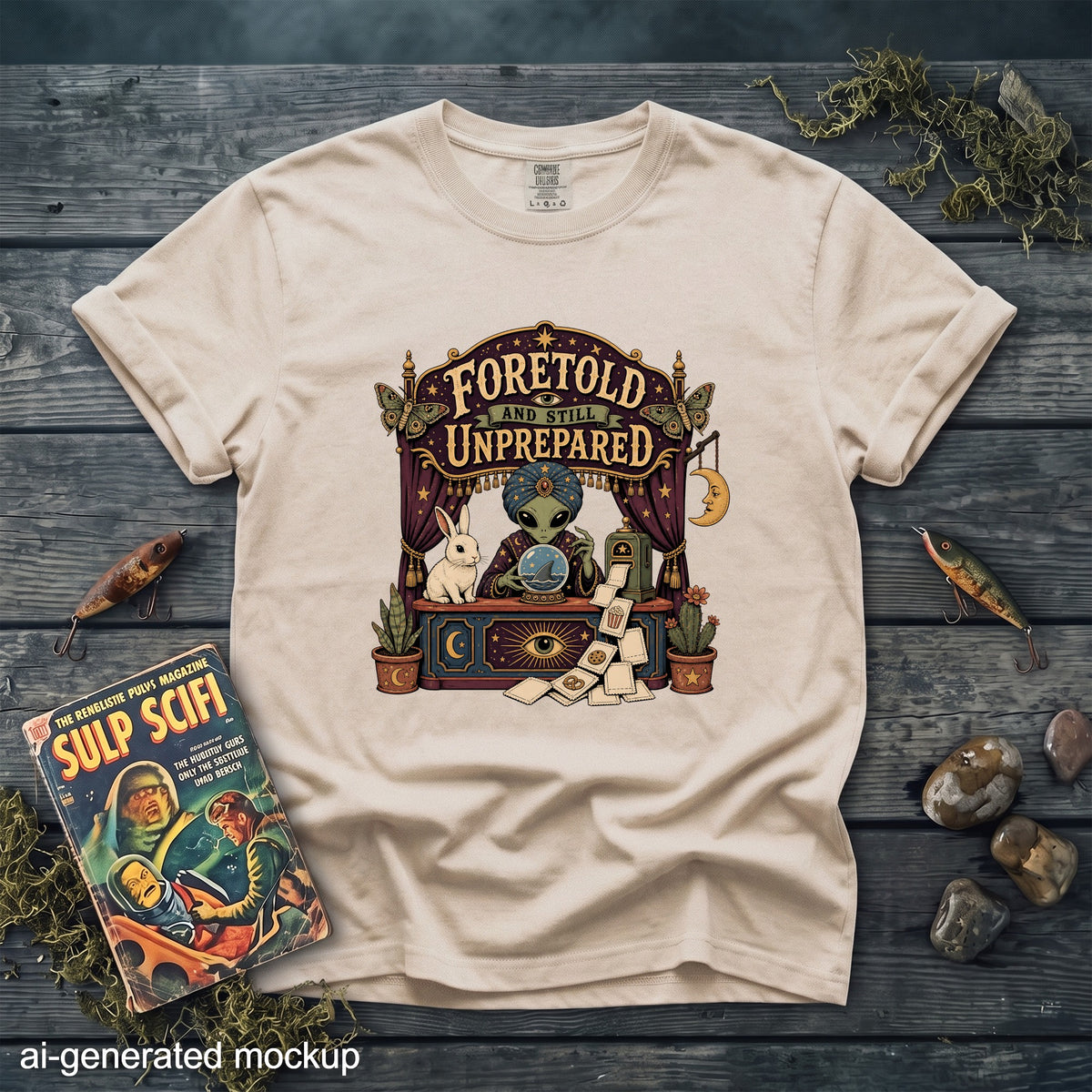Alien fortune teller graphic with text "Foretold and Still Unprepared" on beige t-shirt.