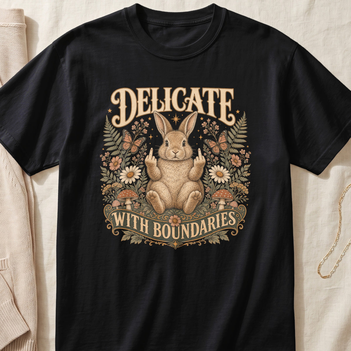 Black t-shirt with bunny giving middle fingers and text "Delicate With Boundaries".