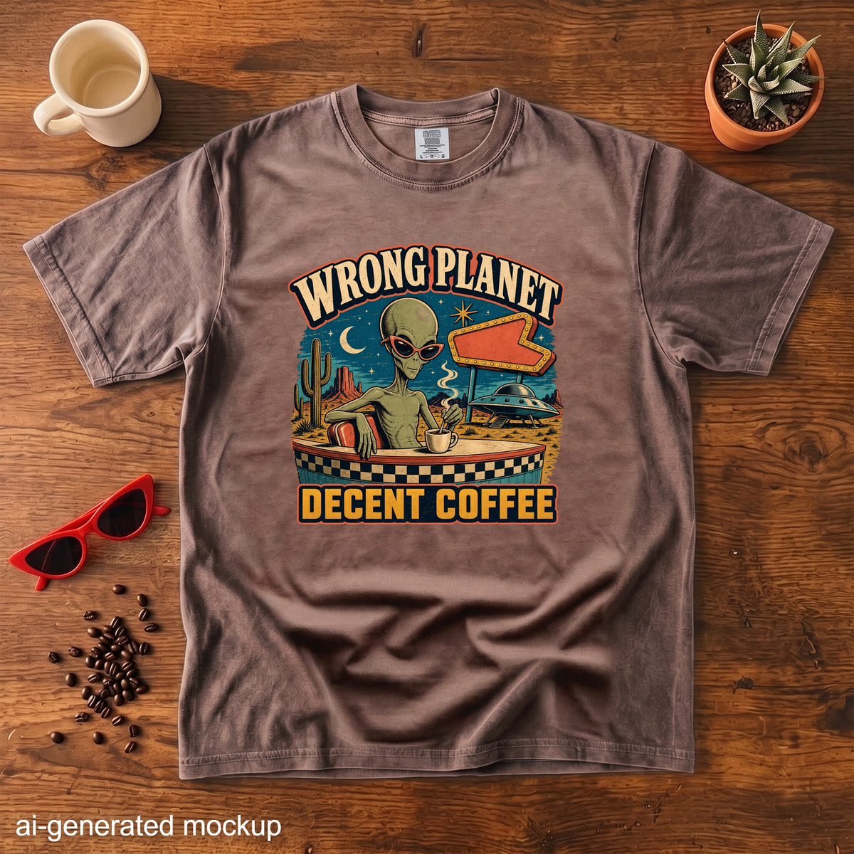 T-shirt graphic with alien drinking coffee and text "Wrong Planet Decent Coffee".