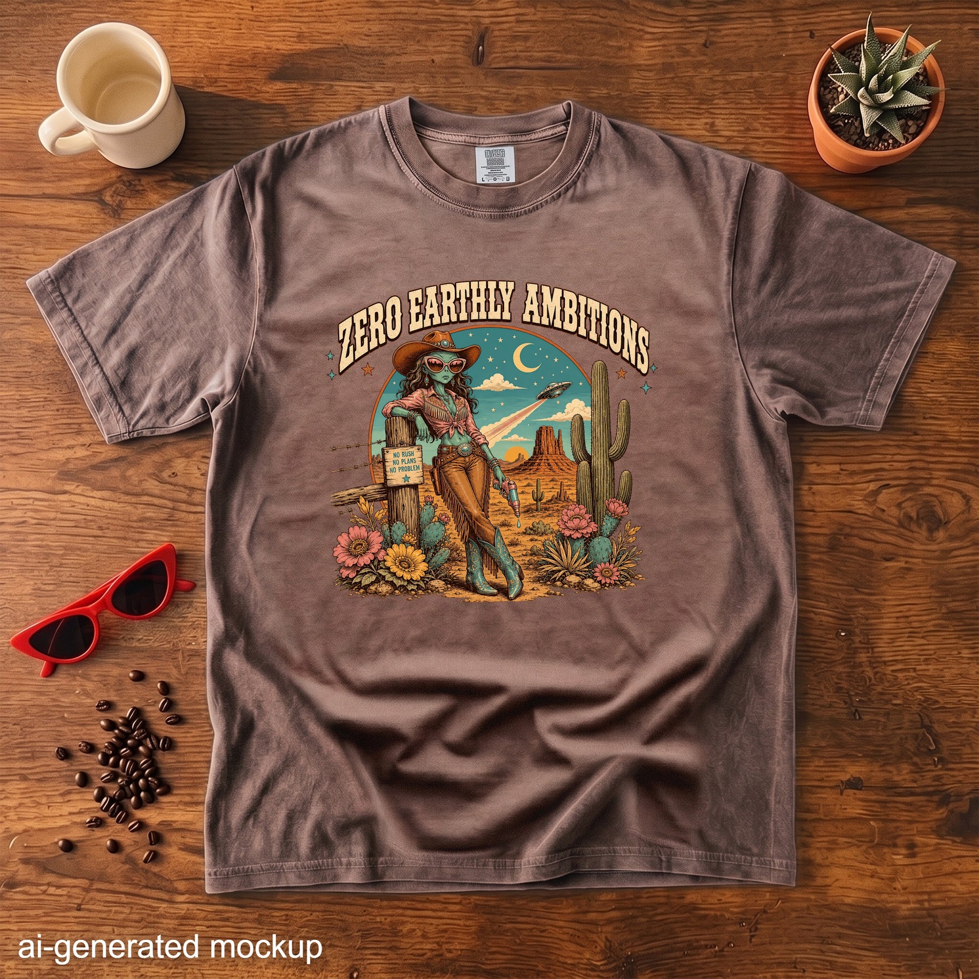 Brown t-shirt with a desert graphic featuring an alien cowboy and the text "Zero Earthly Ambitions".