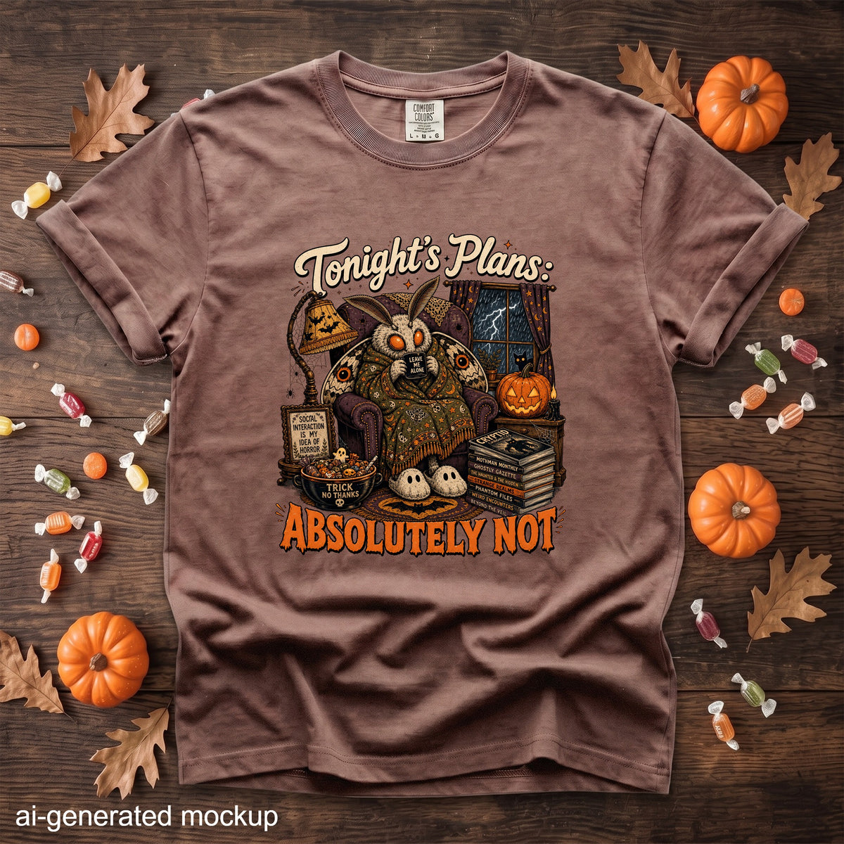 Brown t-shirt with moth graphic: "Tonight's Plans: ABSOLUTELY NOT"
