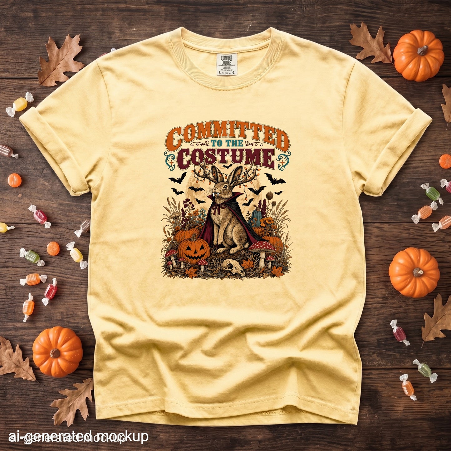 Yellow t-shirt with "Committed to the Costume" text and a rabbit wearing a cape and antlers.
