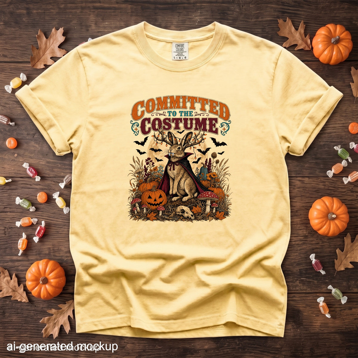 Yellow t-shirt with "Committed to the Costume" text and a rabbit wearing a cape and antlers.