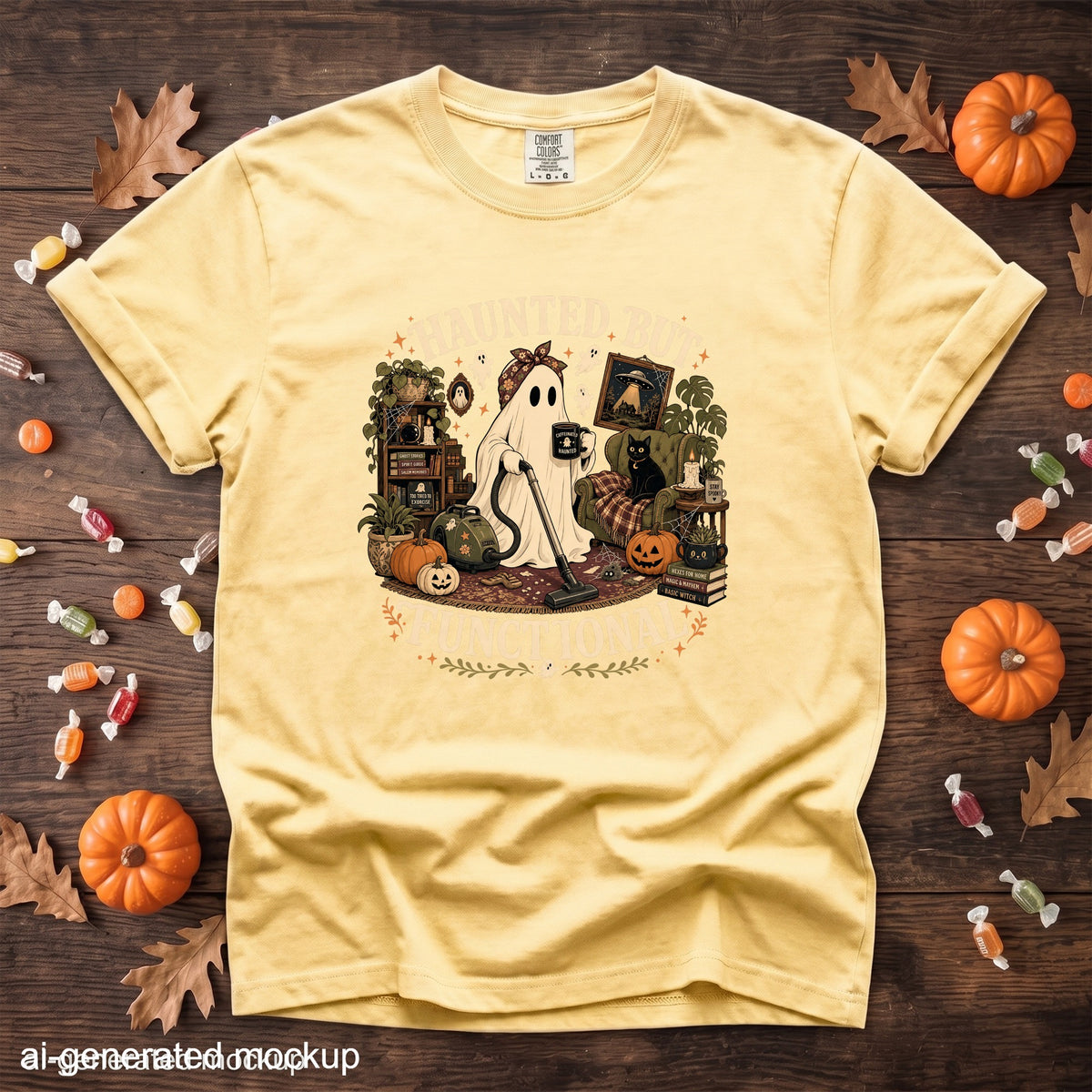 Yellow t-shirt with "Haunted but Functional" ghost graphic, pumpkins, and Halloween decor.