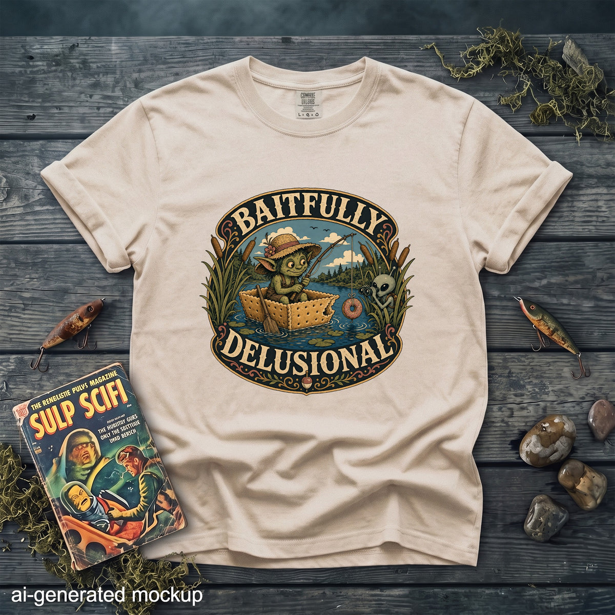 T-shirt with a graphic of a green creature fishing from a cracker boat, text says "Baitfully Delusional".