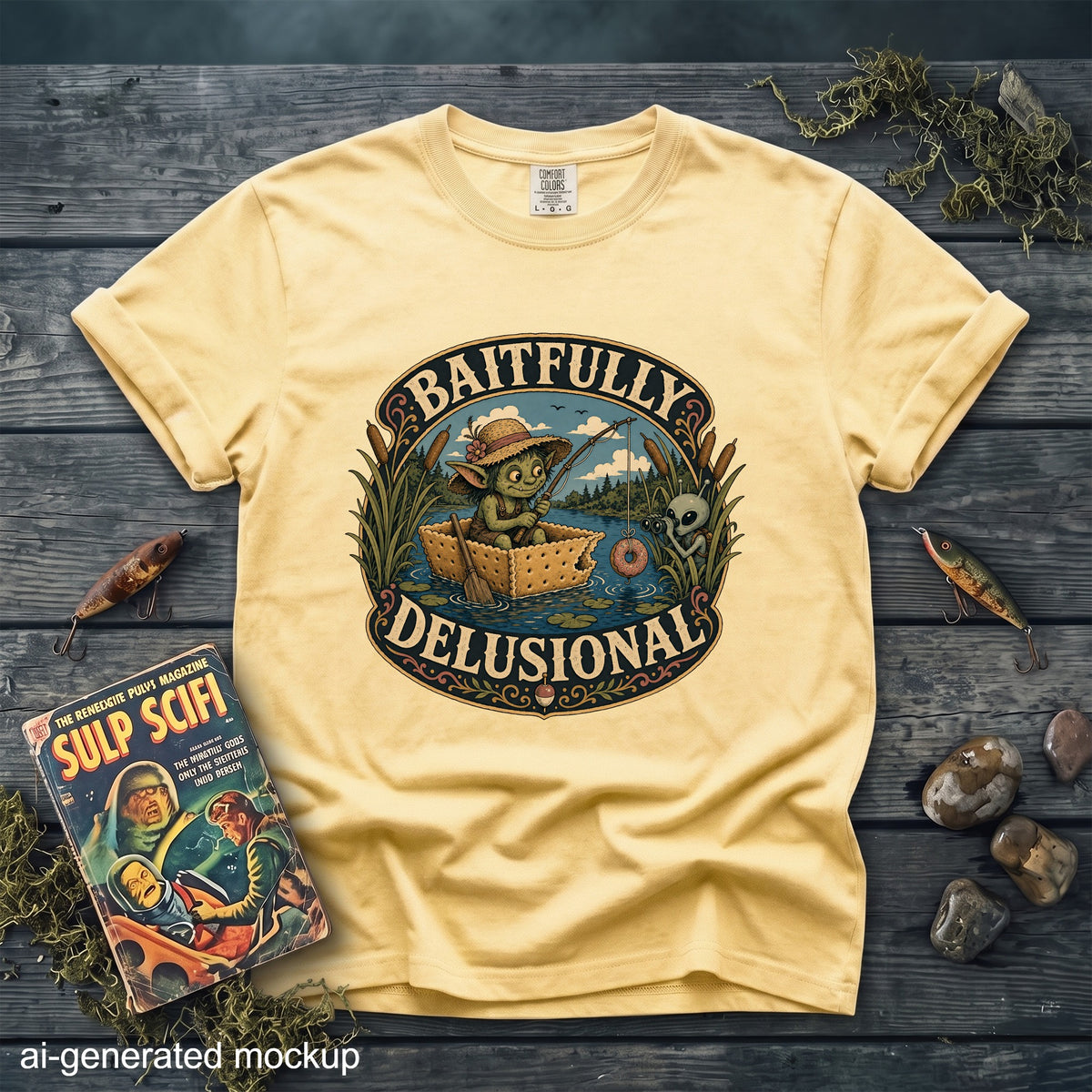 Yellow t-shirt with graphic of goblin fishing from cracker box, alien, and text "Baitfully Delusional".