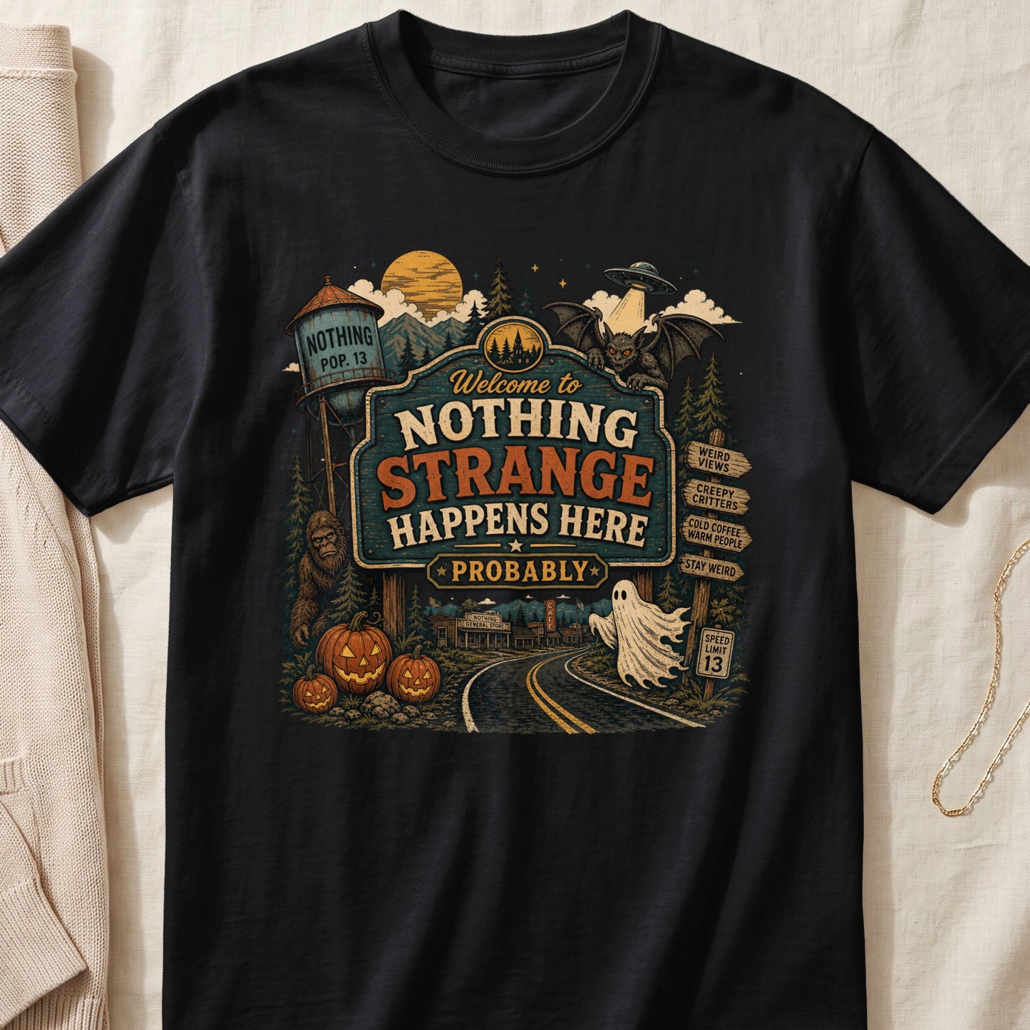 Black t-shirt graphic: Welcome to Nothing Strange Happens Here Probably sign with Bigfoot, ghost, UFO, pumpkins.