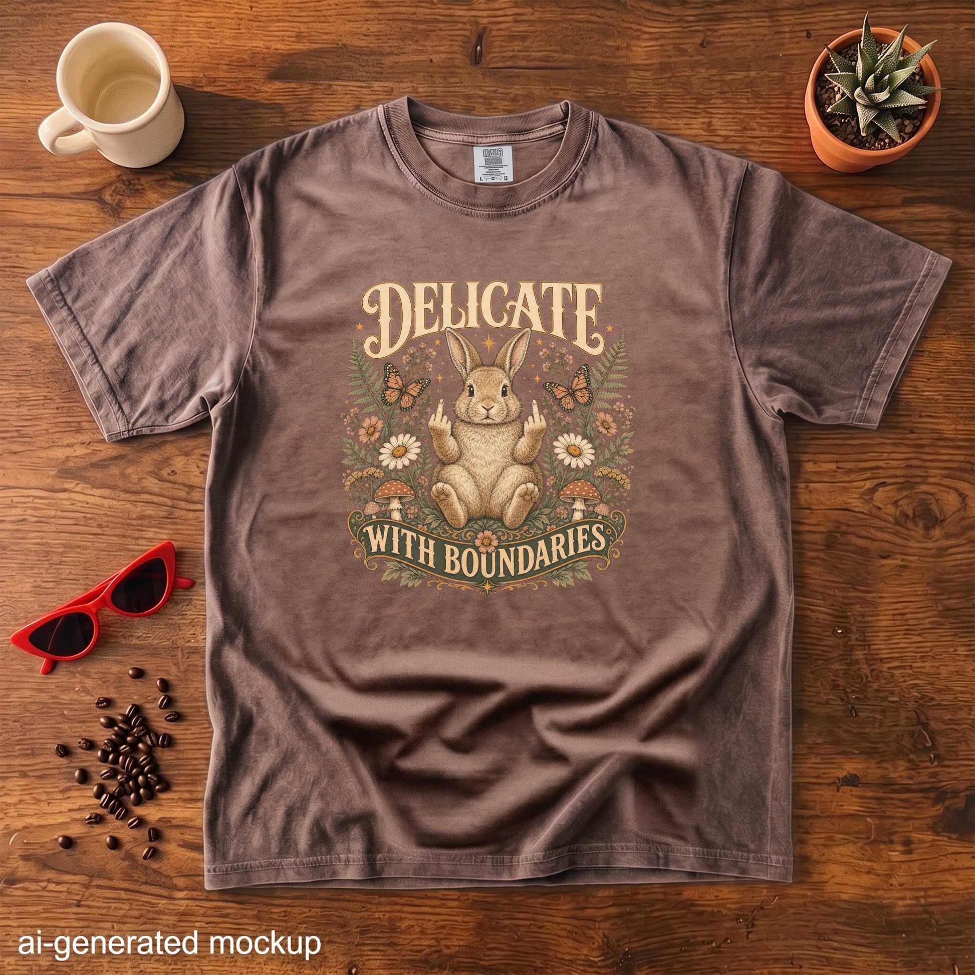 Brown t-shirt with rabbit graphic reading "Delicate With Boundaries".