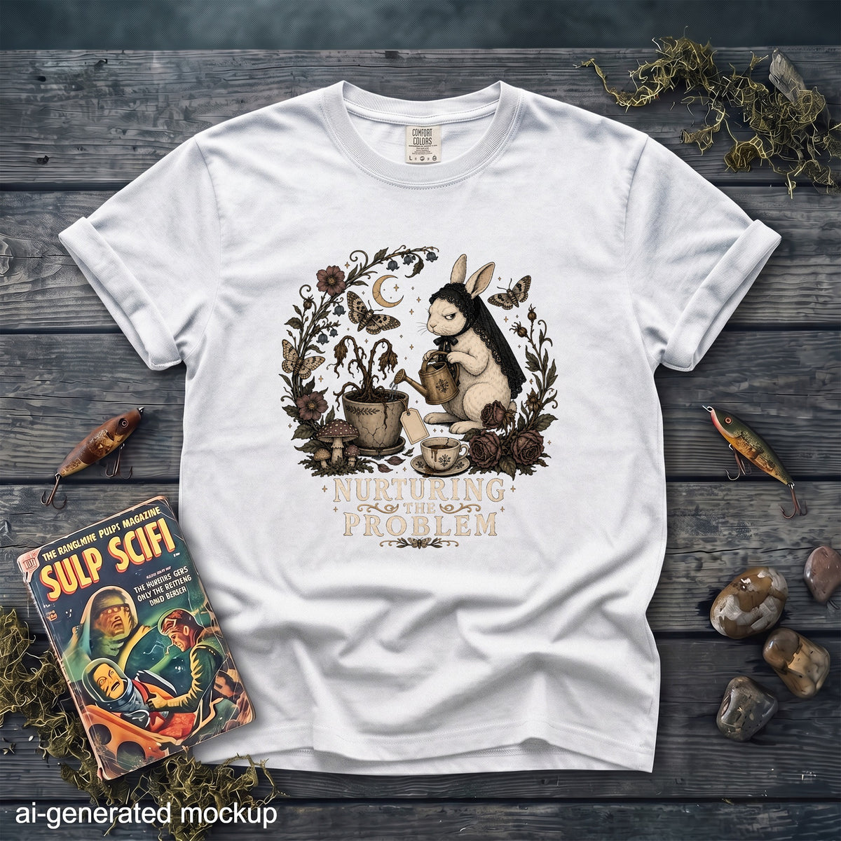 White t-shirt featuring an illustration of a rabbit watering a dead plant with the text Nurturing The Problem.