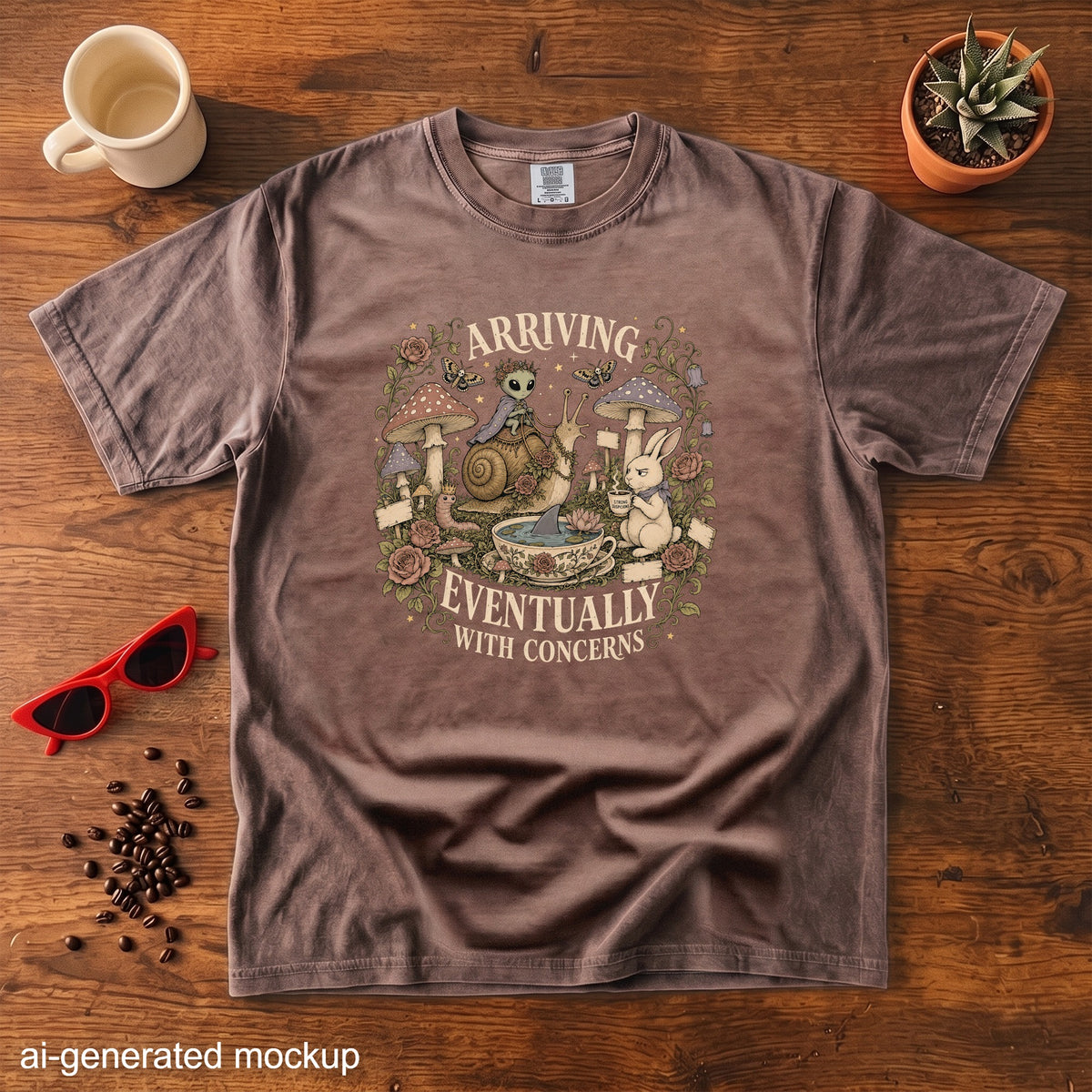 Brown t-shirt with "Arriving Eventually With Concerns" text and surreal mushroom garden graphic.
