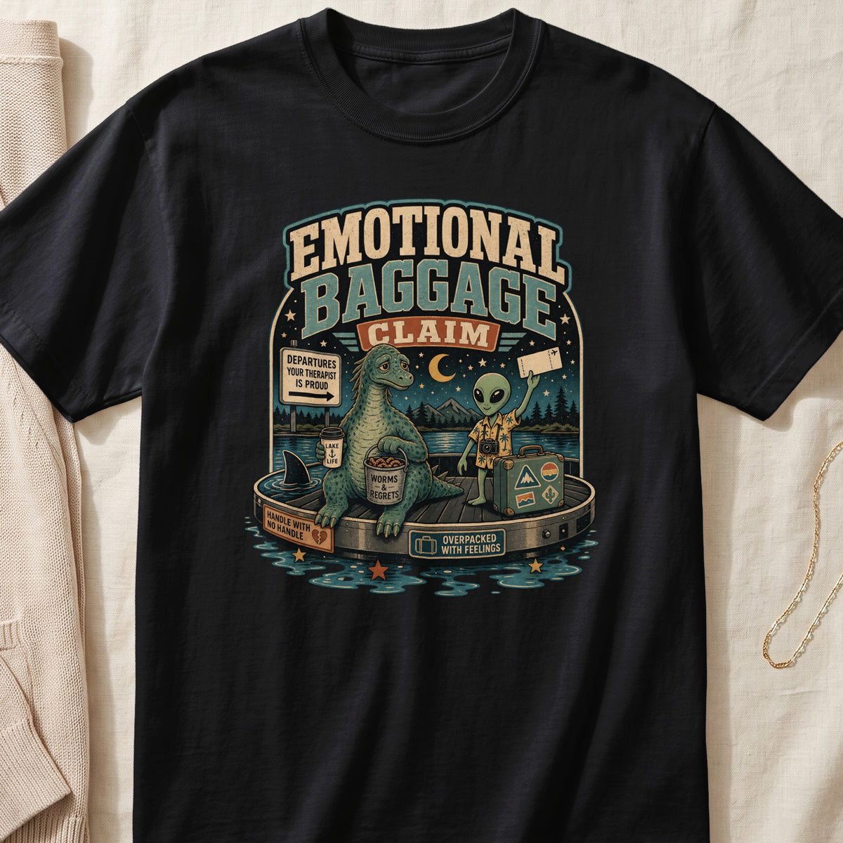 "Emotional Baggage Claim" graphic with alien and dinosaur characters on a boat.