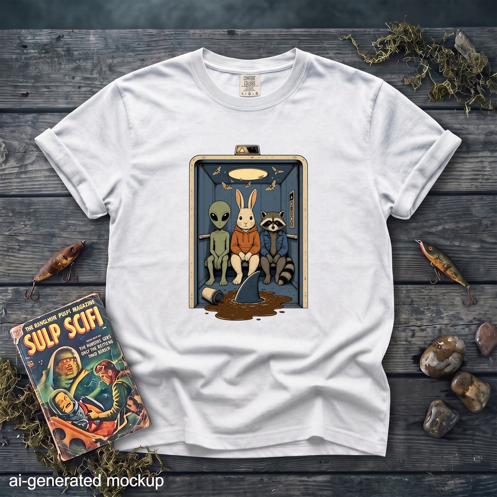 White t-shirt with an alien, bunny, and raccoon in an elevator with a shark fin.