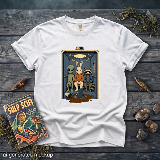 White t-shirt with an alien, bunny, and raccoon in an elevator with a shark fin.