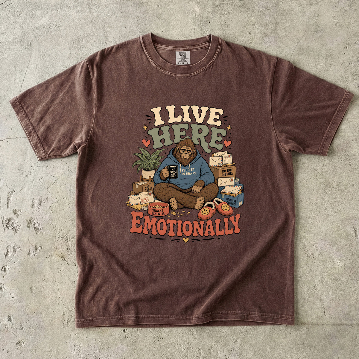 Brown t-shirt graphic of Bigfoot saying "I live here emotionally" with mail and slippers.