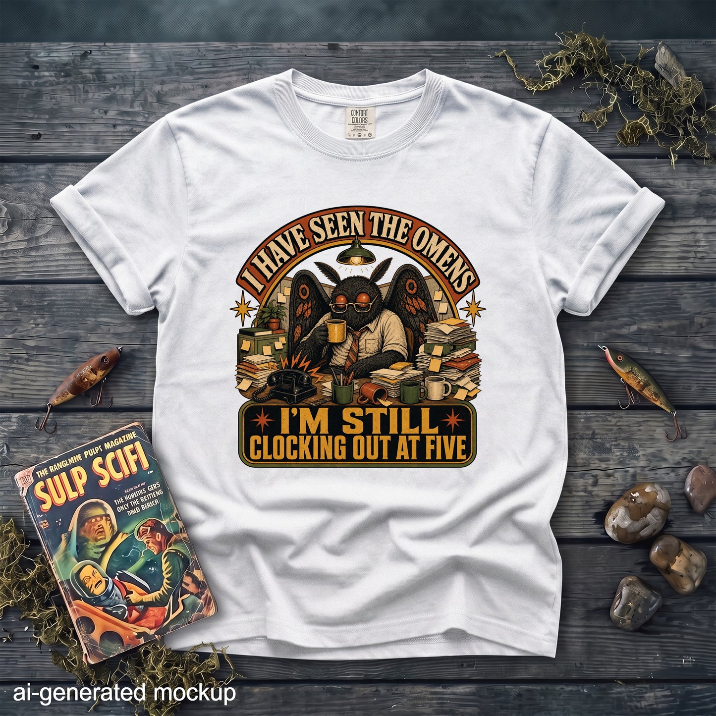 White t-shirt graphic with mothman at desk saying "I have seen the omens, I'm still clocking out at five".