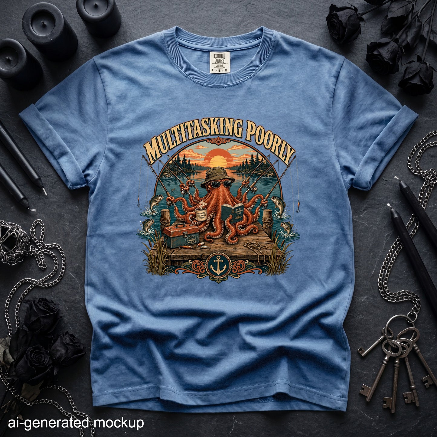 Blue t-shirt with octopus fishing and reading, text "MULTITASKING POORLY".