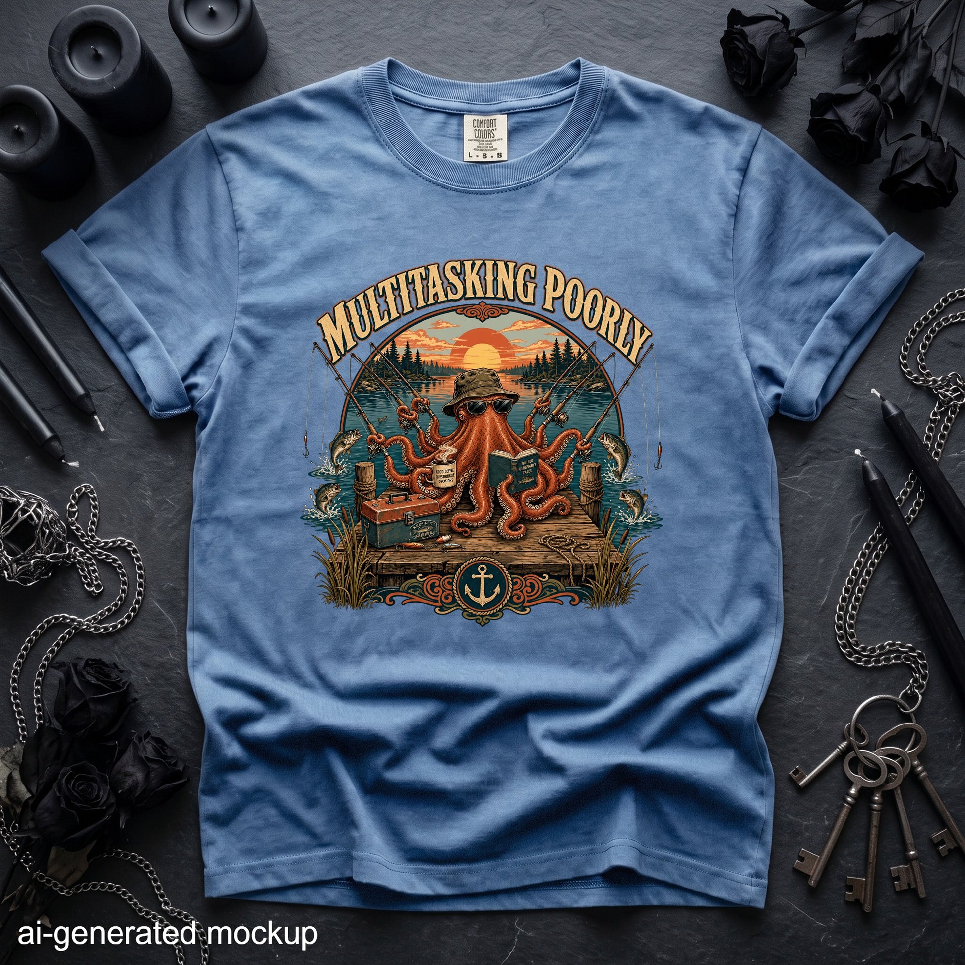 Blue t-shirt with octopus fishing and reading, text "MULTITASKING POORLY".