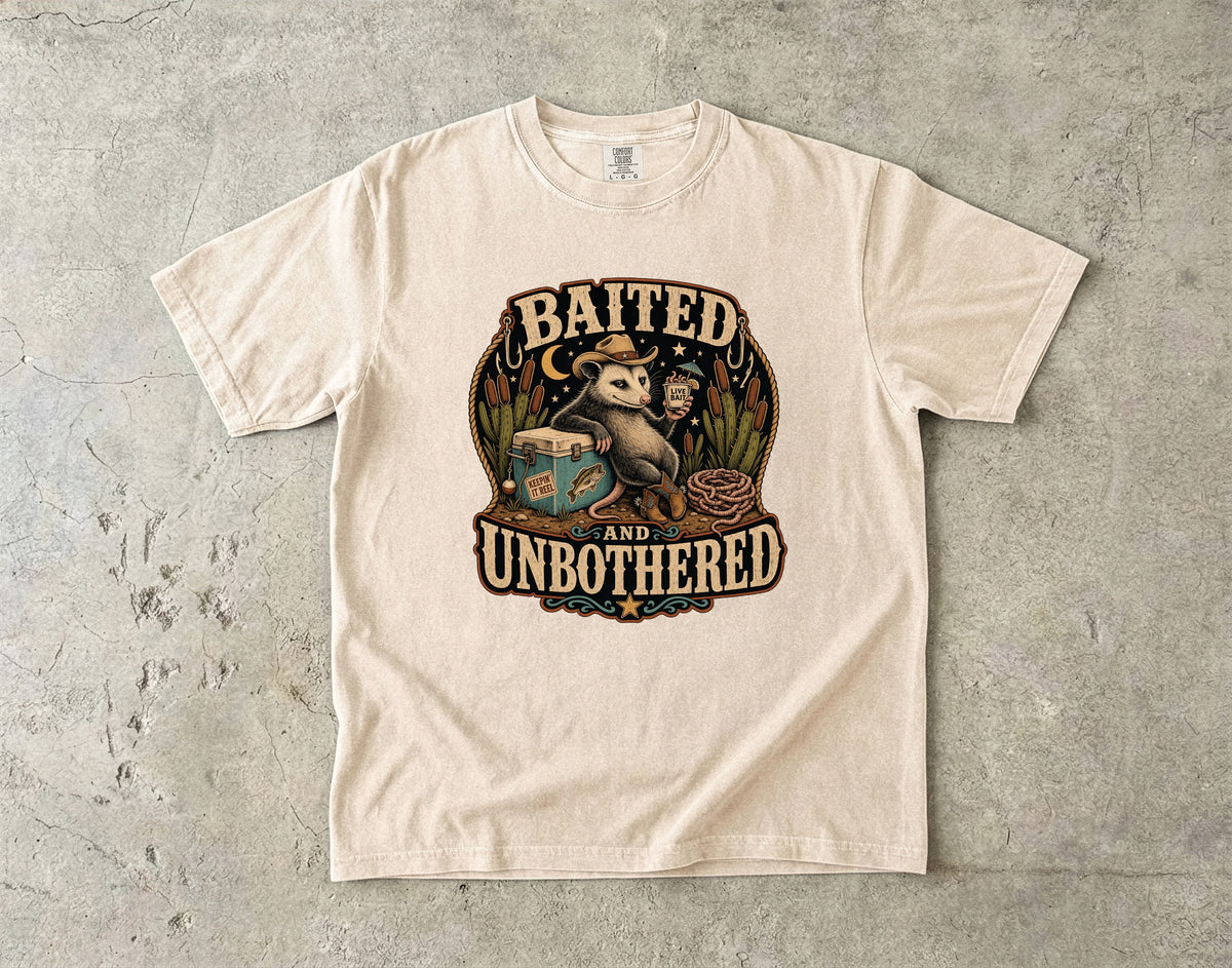 Opossum wearing cowboy hat and holding drink, with text "BAITED AND UNBOTHHERED."