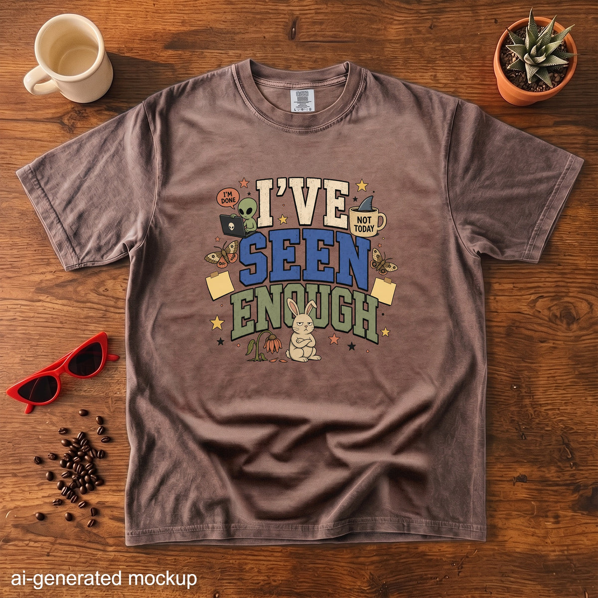 Brown t-shirt with "I've Seen Enough" text, alien, bunny, and butterflies.