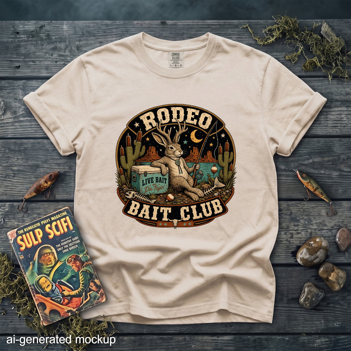 T-shirt graphic with rabbit, text "RODEO BAIT CLUB", and desert fishing scene.
