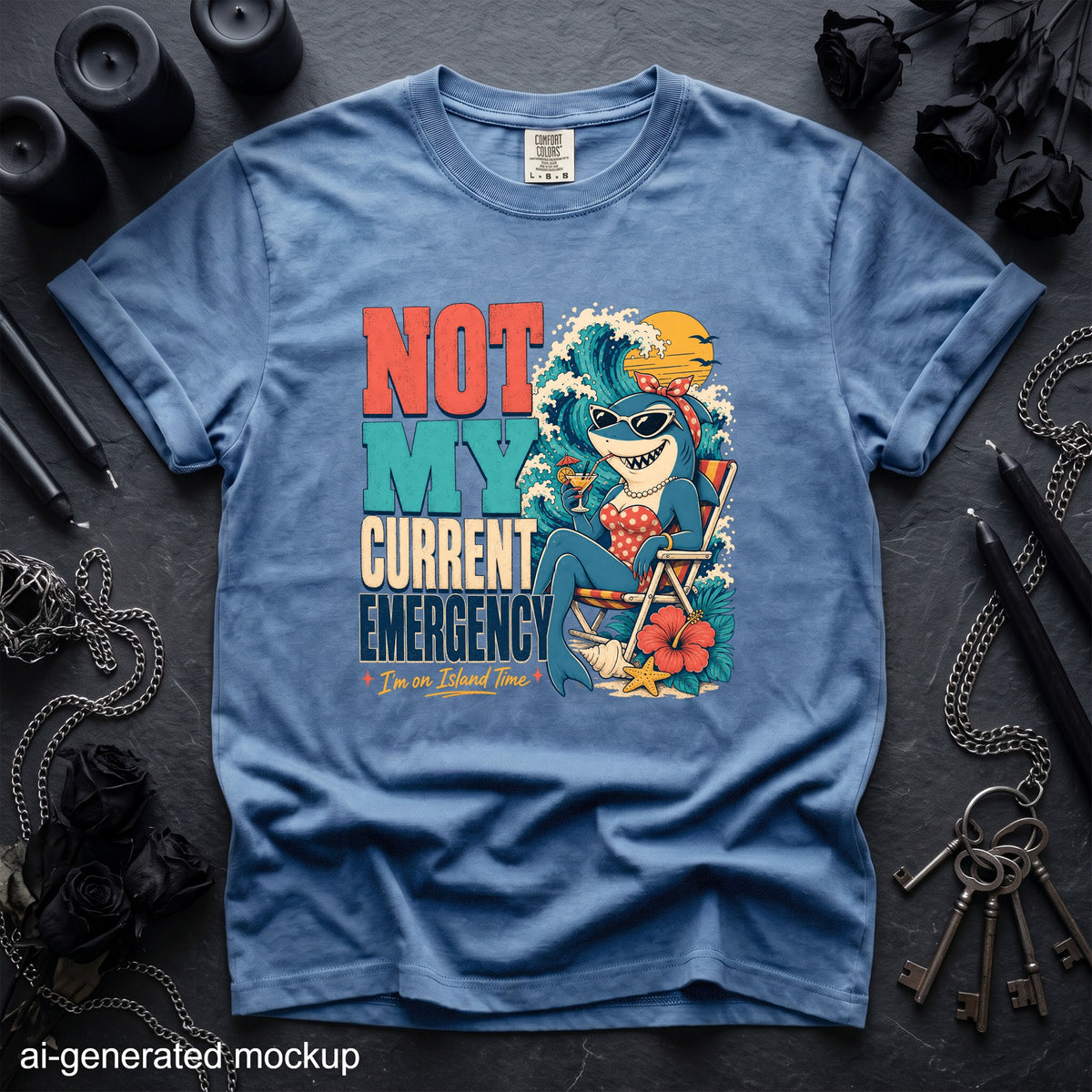 Shark wearing sunglasses and swimsuit relaxes with drink, text "NOT MY CURRENT EMERGENCY".