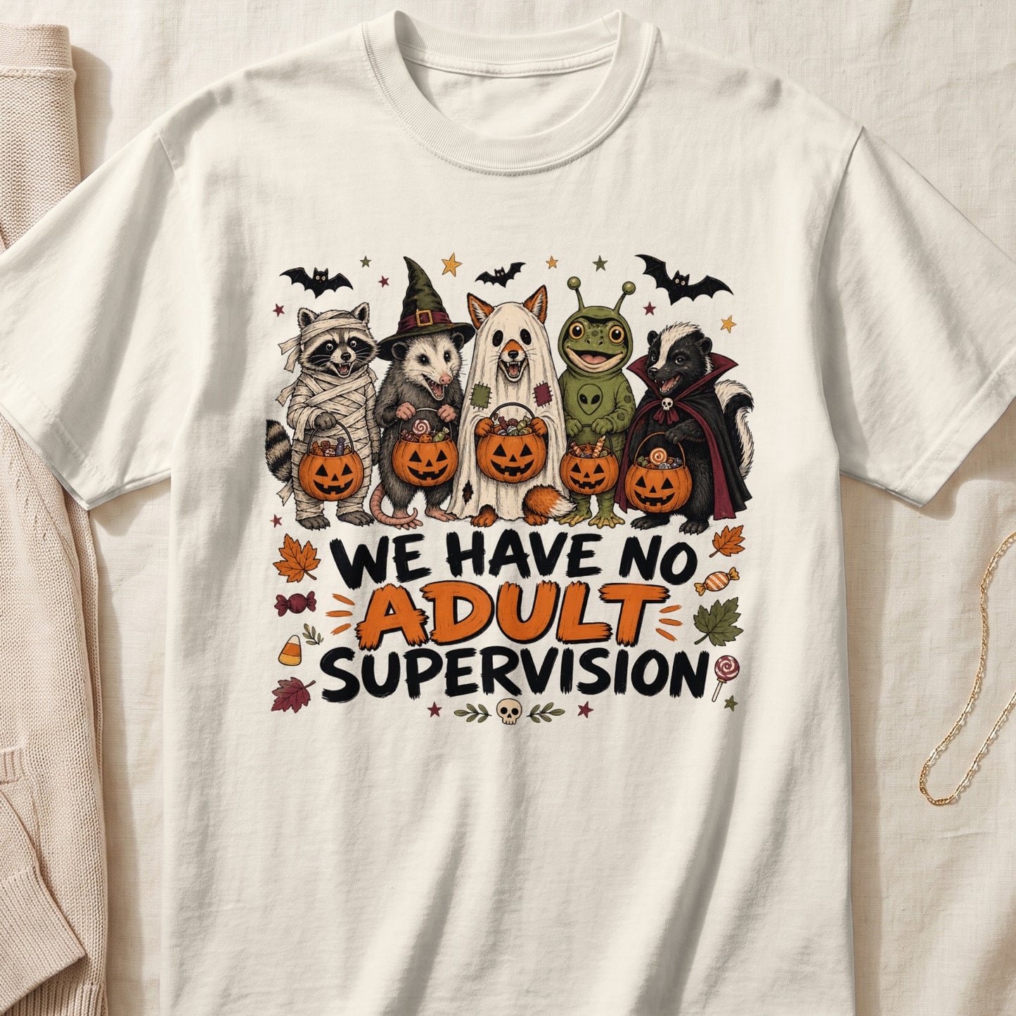 Halloween animals in costumes, text "WE HAVE NO ADULT SUPERVISION."