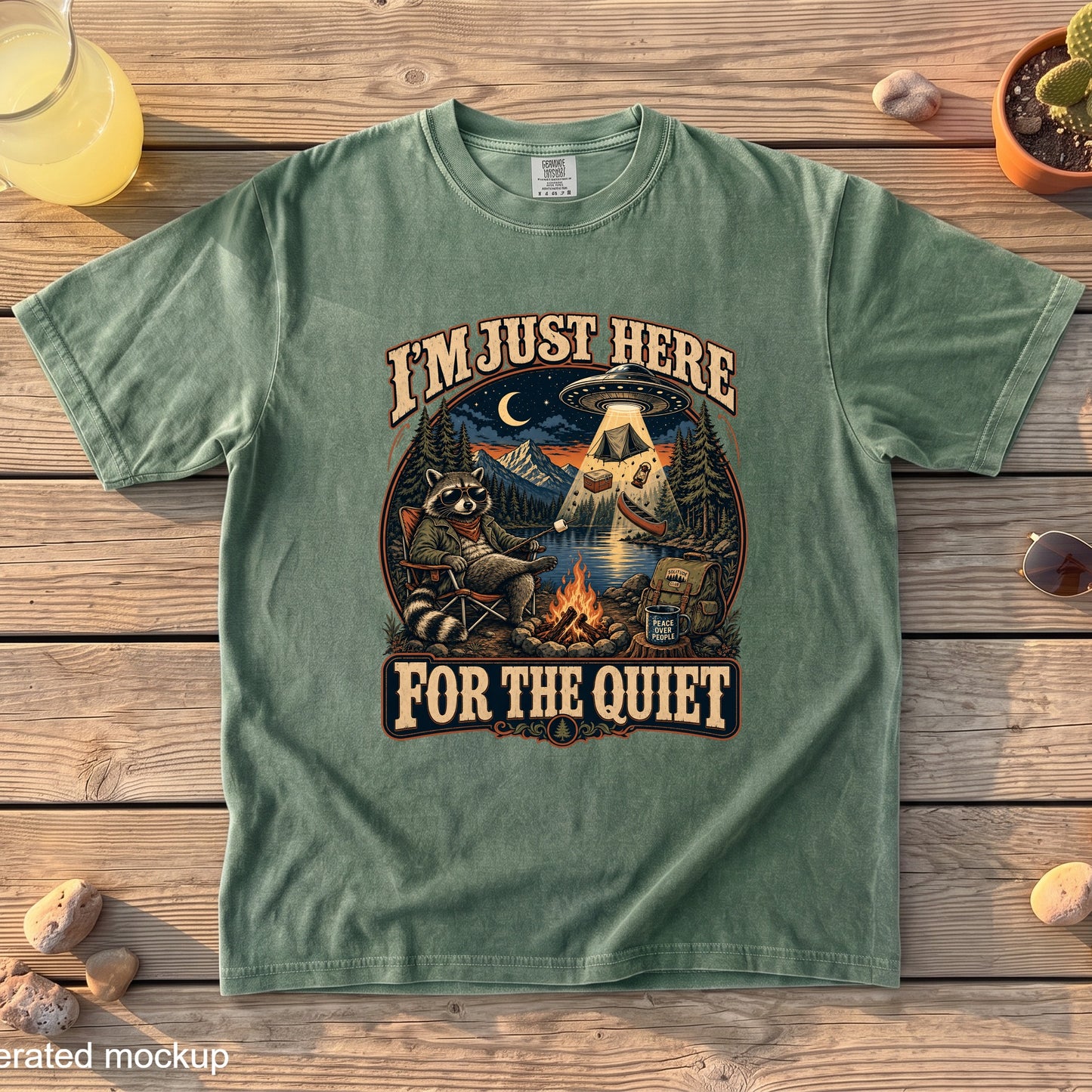 Green t-shirt with graphic "I'M JUST HERE FOR THE QUIET" featuring a raccoon camping and a UFO.