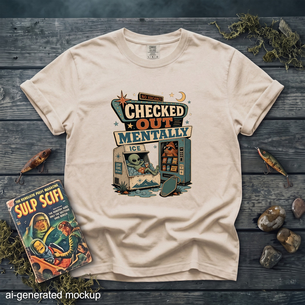T-shirt with "Checked Out Mentally" design featuring an alien and a fish in a vending machine.