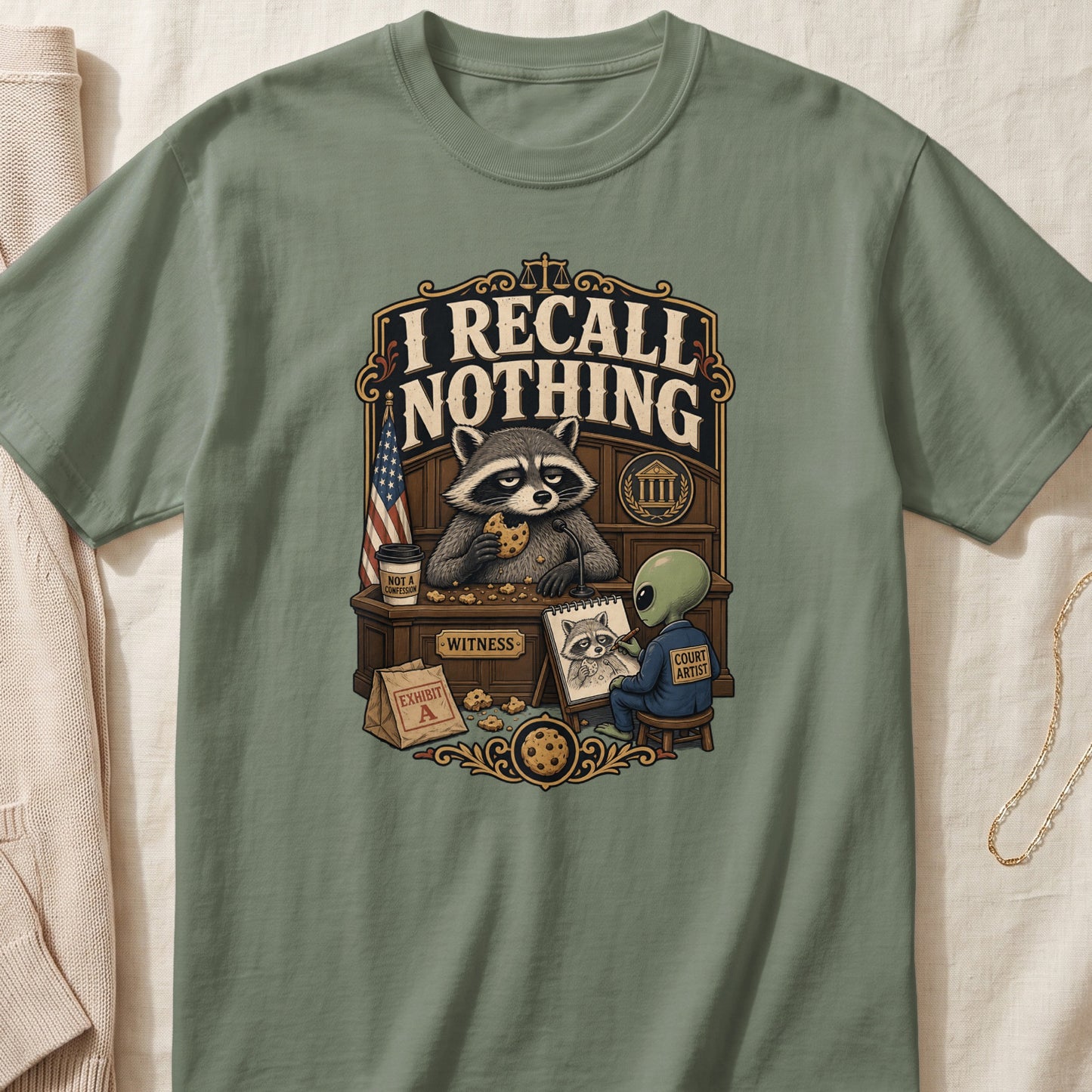 Raccoon witness in court eating cookies, alien court artist drawing, text "I recall nothing".