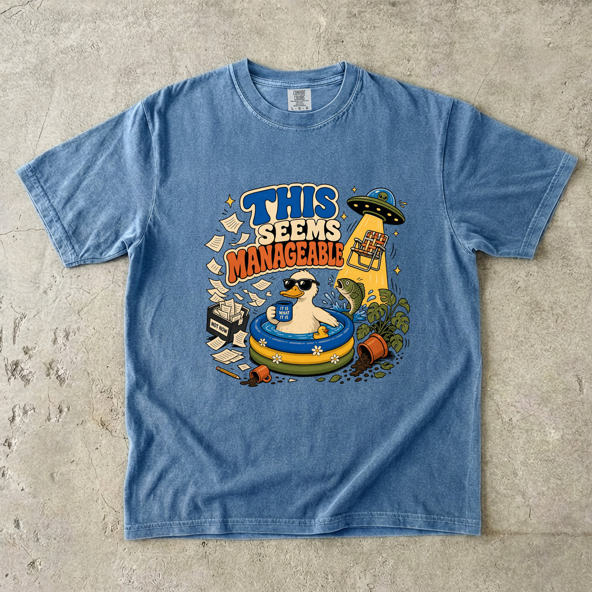 Blue t-shirt with graphic of duck in pool, UFO, fish, and text "THIS SEEMS MANAGEABLE".