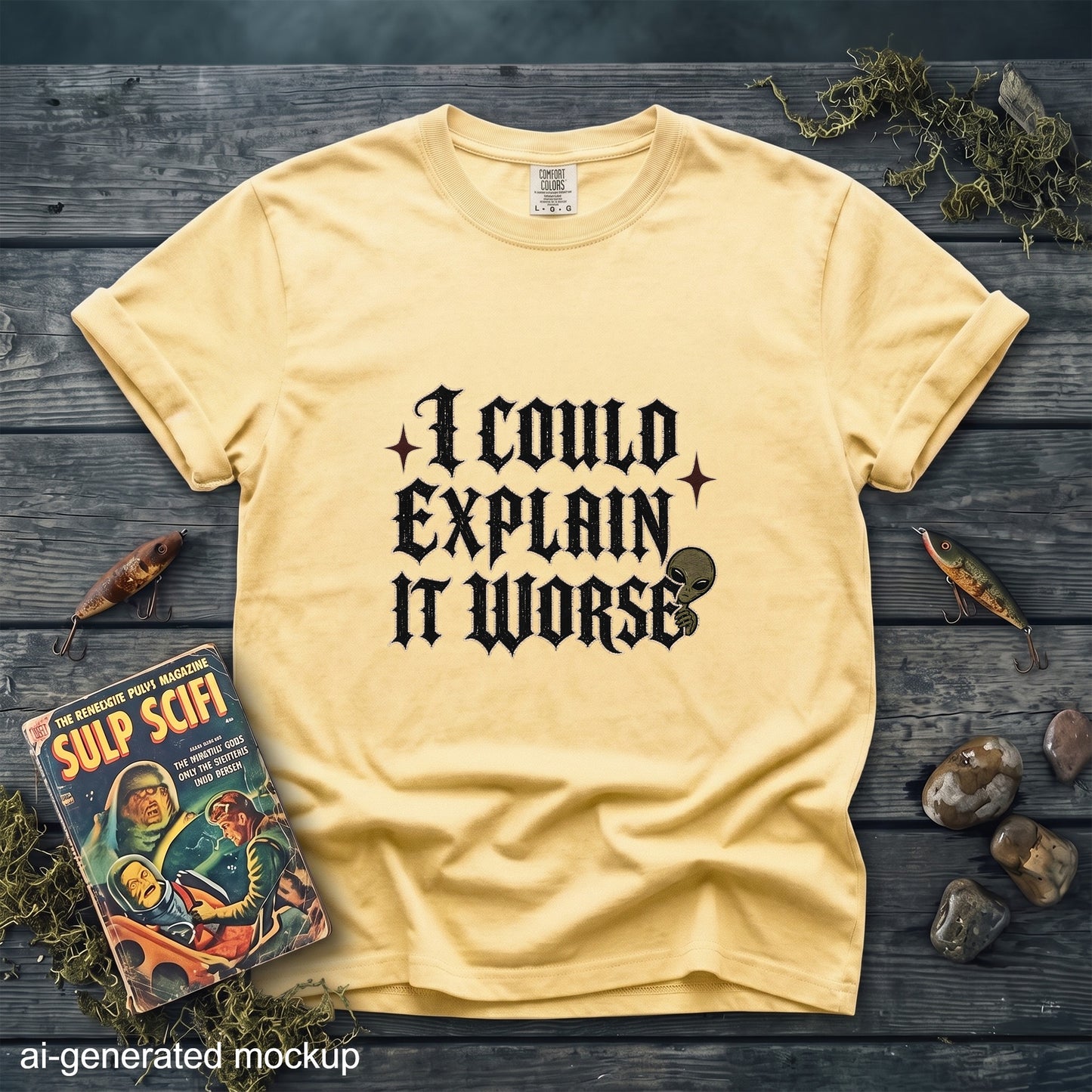 Yellow t-shirt with "I COULD EXPLAIN IT WORSE" text and alien graphic.