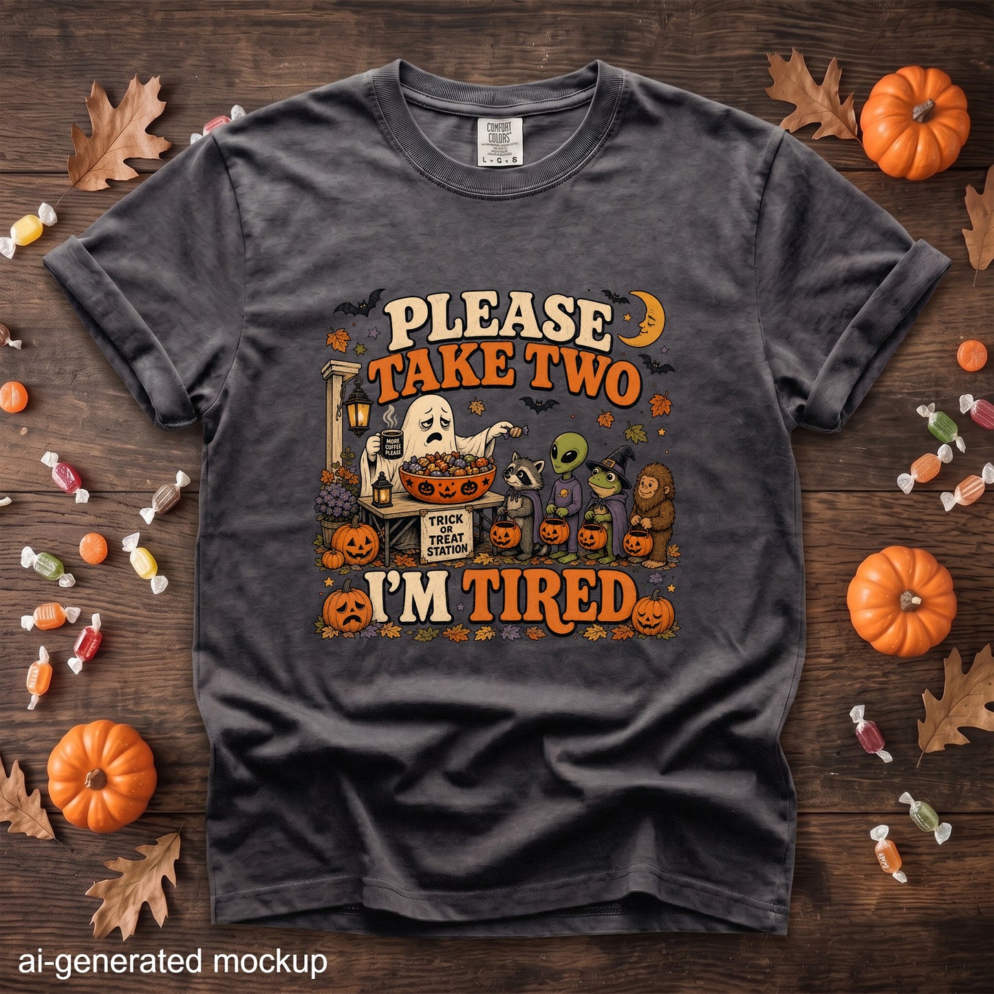 T-shirt graphic with ghost, aliens, and animals saying "Please Take Two, I'm Tired".