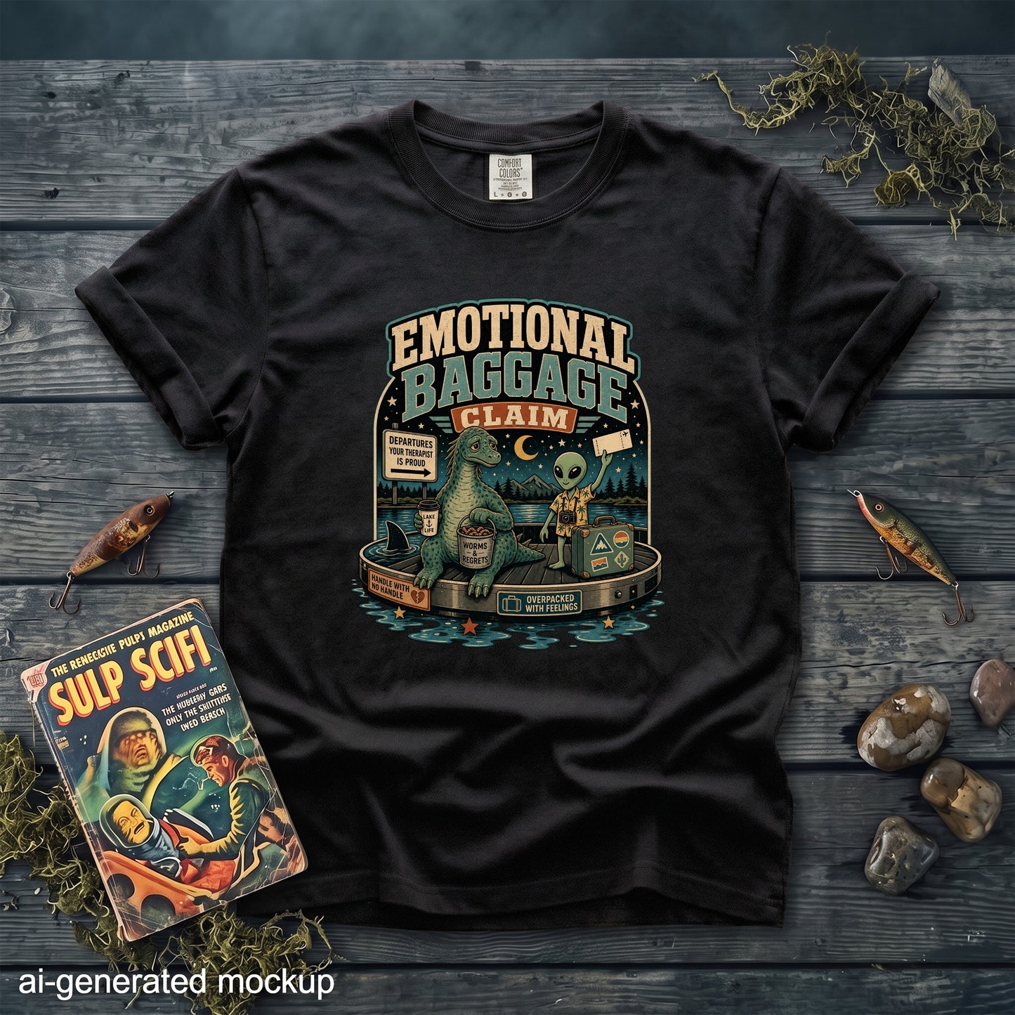 Black t-shirt with "Emotional Baggage Claim" graphic featuring a dinosaur and alien.