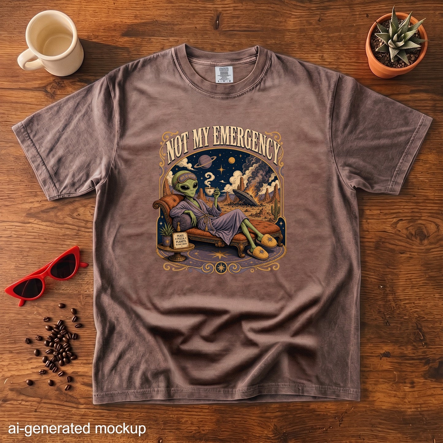 Brown t-shirt with graphic of alien relaxing as planet burns, reads "Not My Emergency".