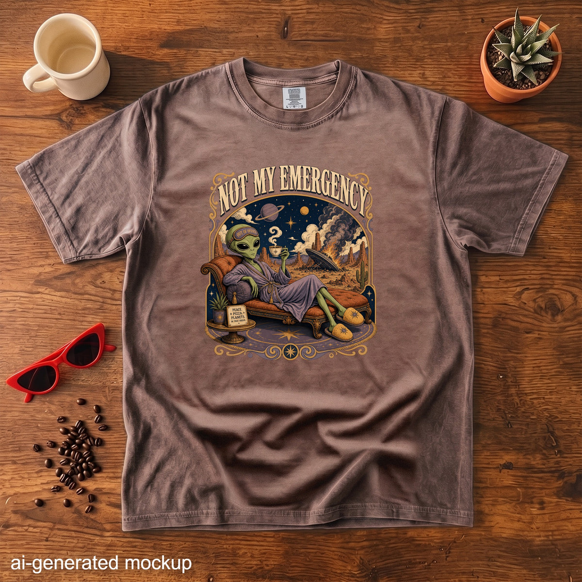 Brown t-shirt with graphic of alien relaxing as planet burns, reads "Not My Emergency".