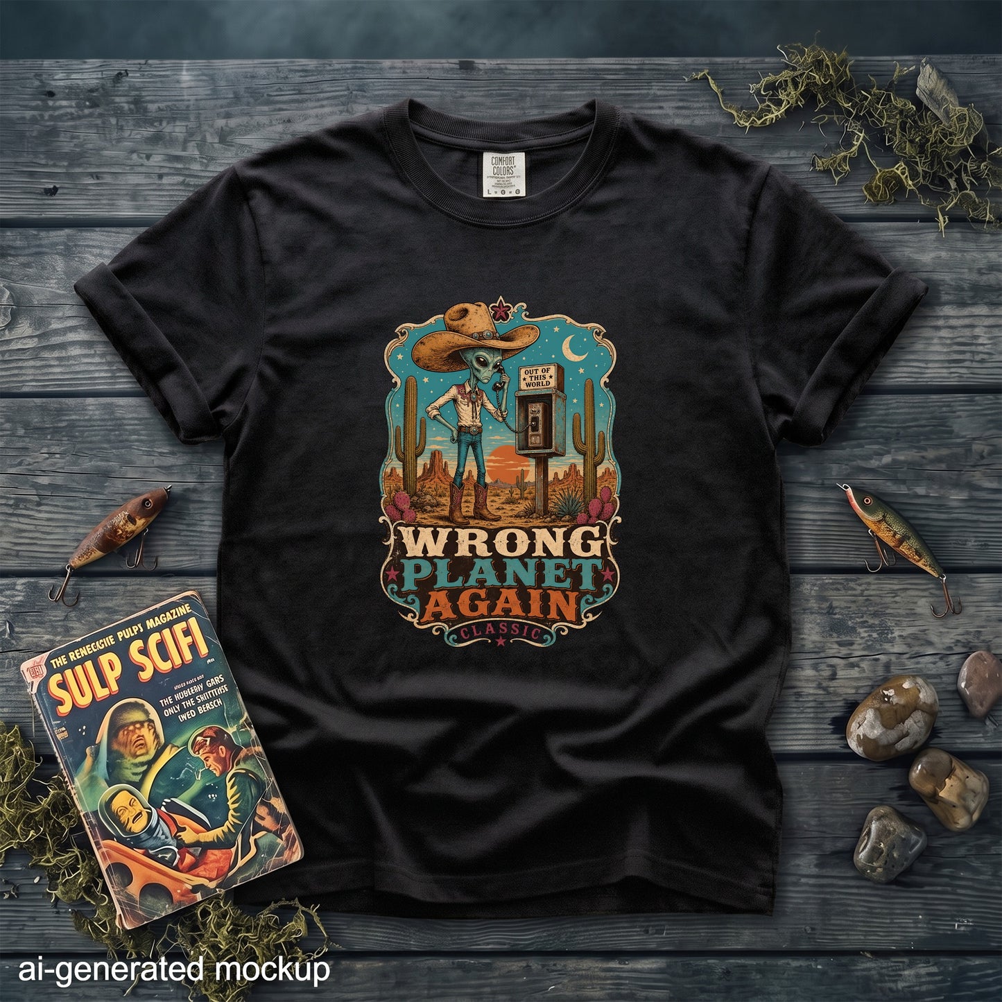 A black t-shirt features a graphic print of an alien in a cowboy hat using a payphone, with the text Wrong Planet Again.