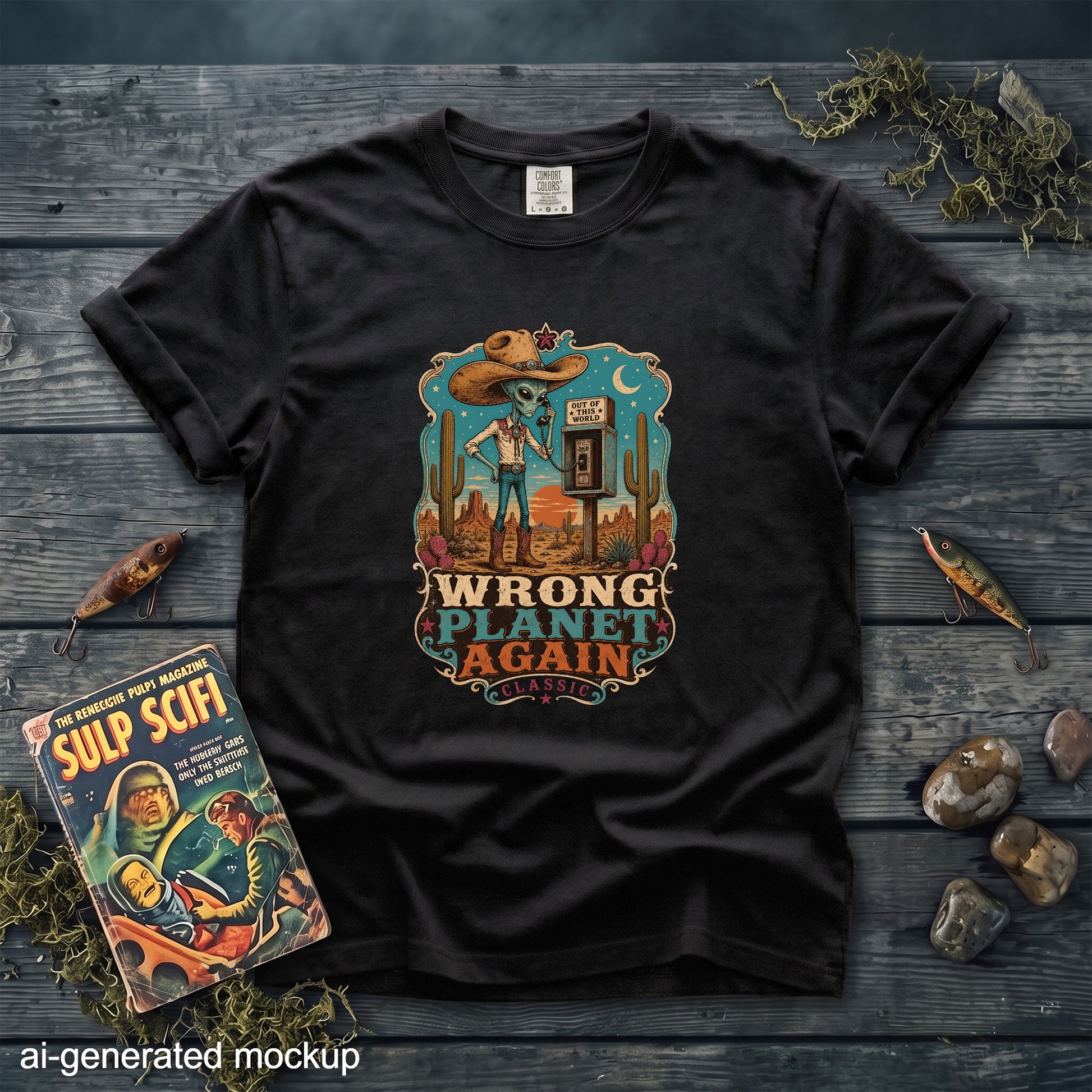 A black t-shirt features a graphic print of an alien in a cowboy hat using a payphone, with the text Wrong Planet Again.