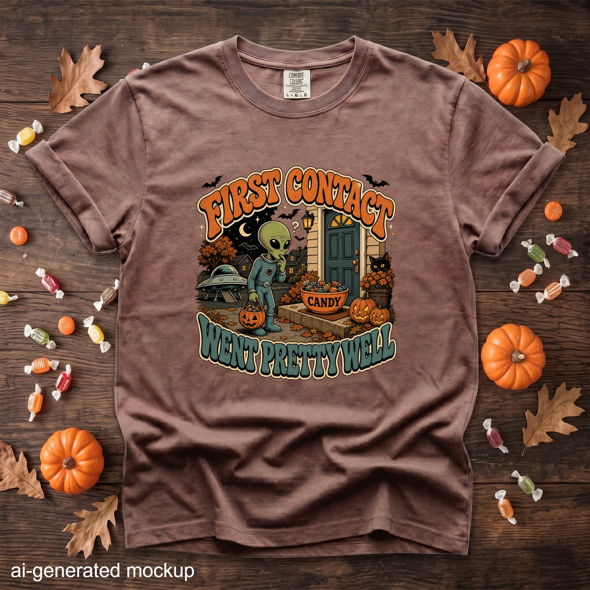 Brown t-shirt with "First Contact Went Pretty Well" alien Halloween graphic.